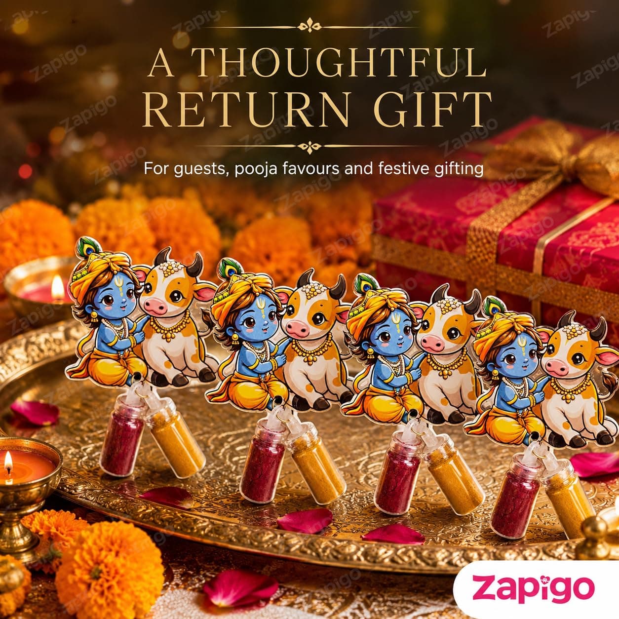Habba Krishna & Cow Haldi Kumkum Set for Guests, Printed Cut-Out with Mini Dome Glass Bottles of Haldi & Kumkum, Traditional Janmashtami Pooja Return Gift (Gokulashtami, Krishna Pooja), Pack of 5 thumbnail 6