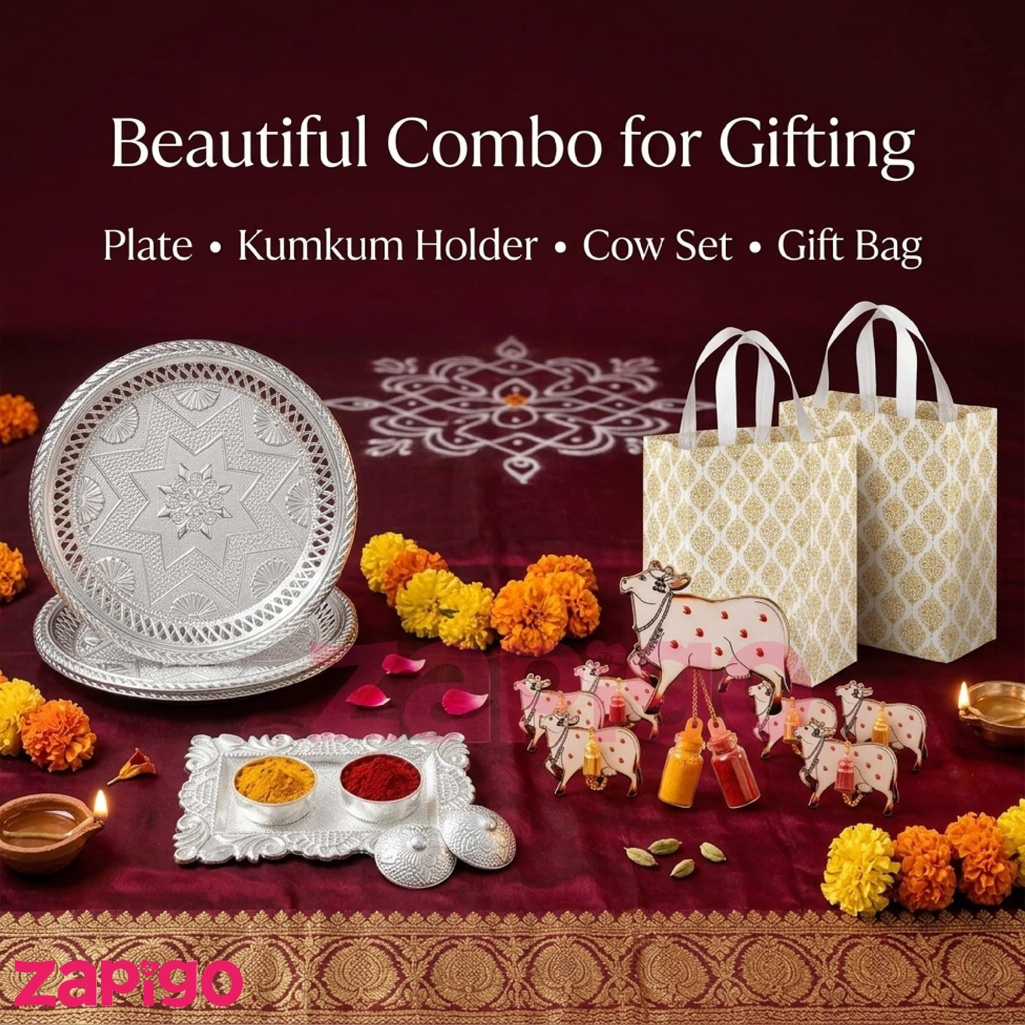 Habba Festive Return Gift Combo with Silver Plate, Cow Design Kumkum Set, Silver Kumkum Holder & Laminated Bag, Traditional Haldi Kumkum Gift for Diwali, Navratri, Wedding, Housewarming - Pack of 10 thumbnail 4
