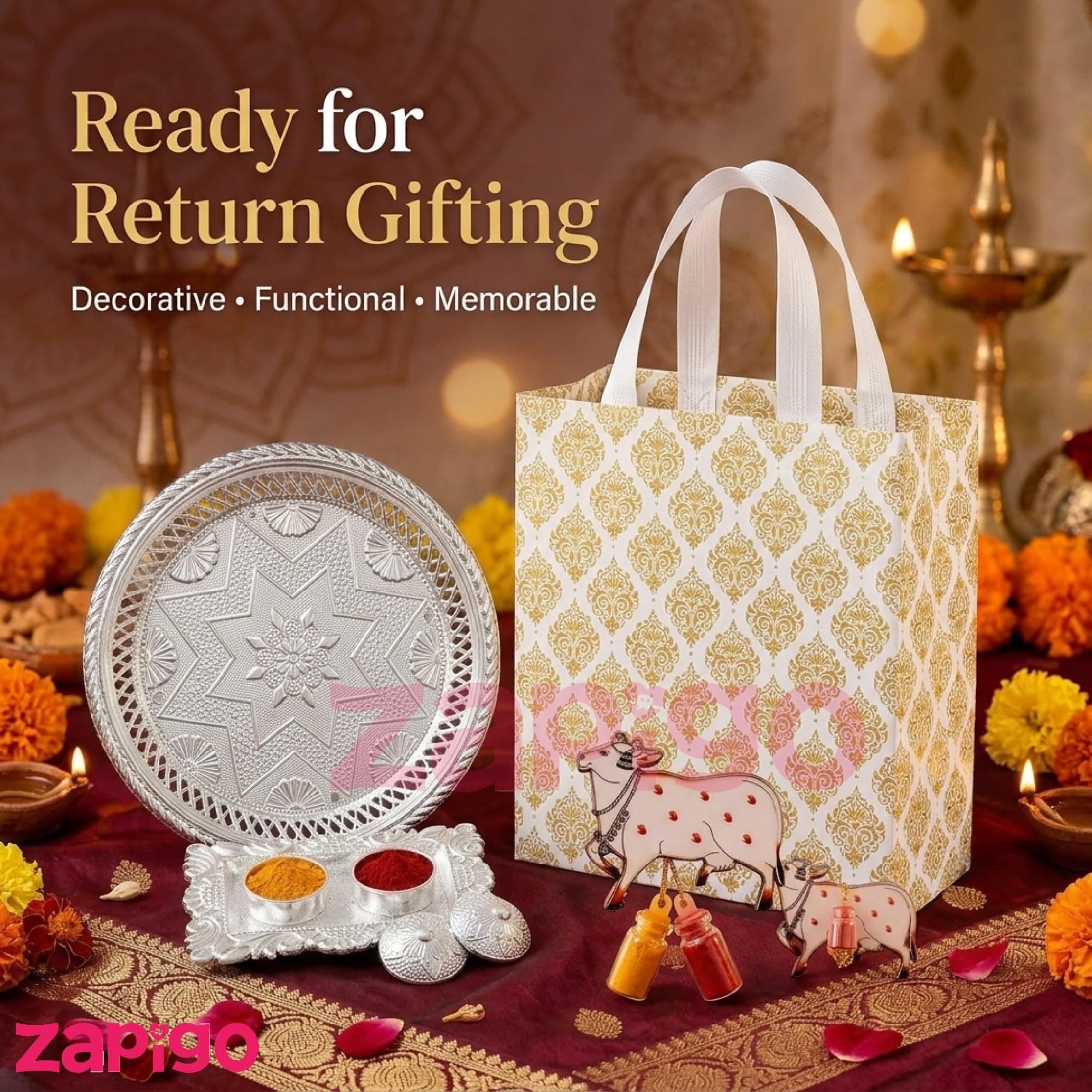 Habba Festive Return Gift Combo with Silver Plate, Cow Design Kumkum Set, Silver Kumkum Holder & Laminated Bag, Traditional Haldi Kumkum Gift for Diwali, Navratri, Wedding, Housewarming - Pack of 10 thumbnail 5