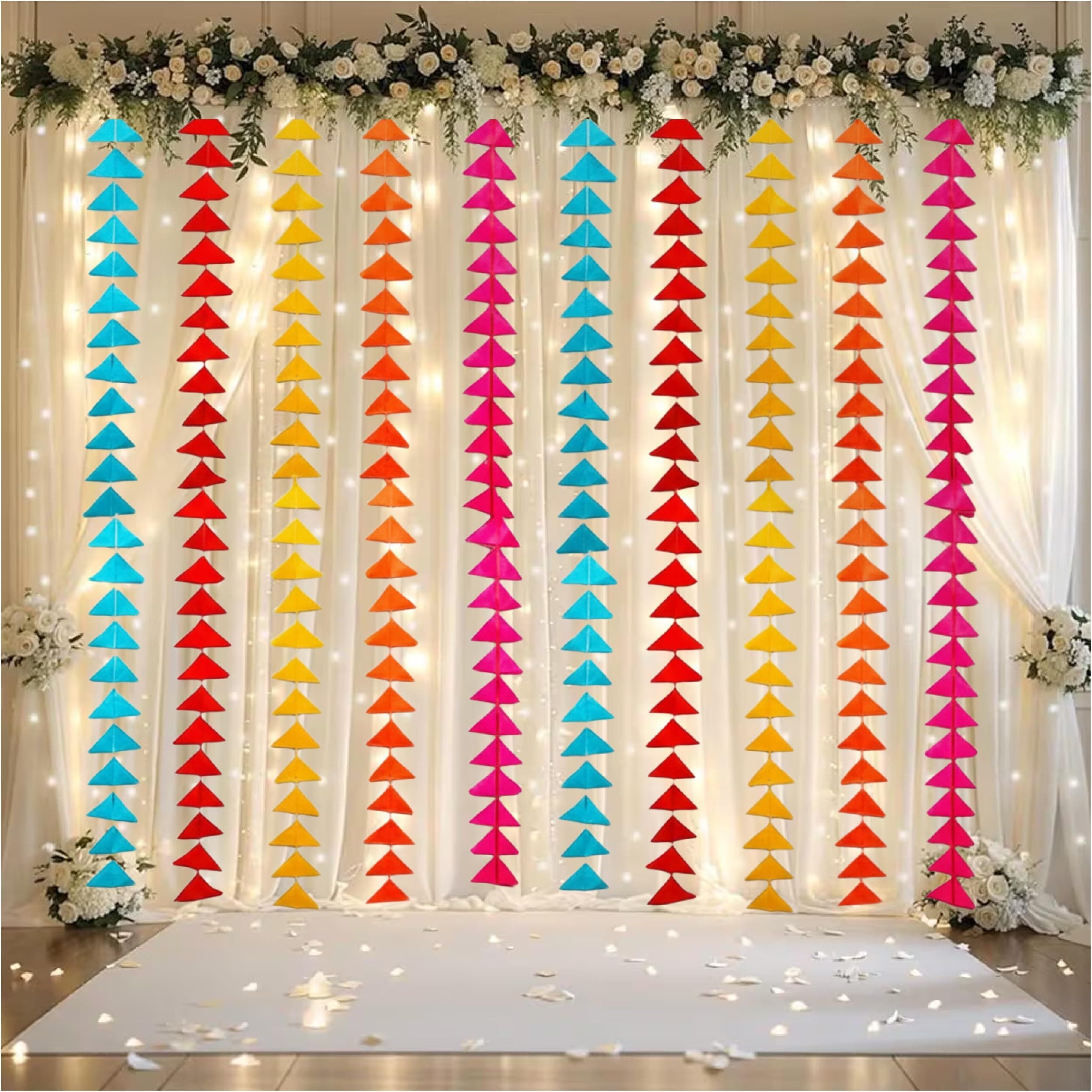 Balloonistics 13 Pcs White Net Backdrop Kit with Triangle Bunting – Elegant Backdrop Cloth for Holi, Wedding & Pooja Decoration – Complete Home Decor Set thumbnail 1