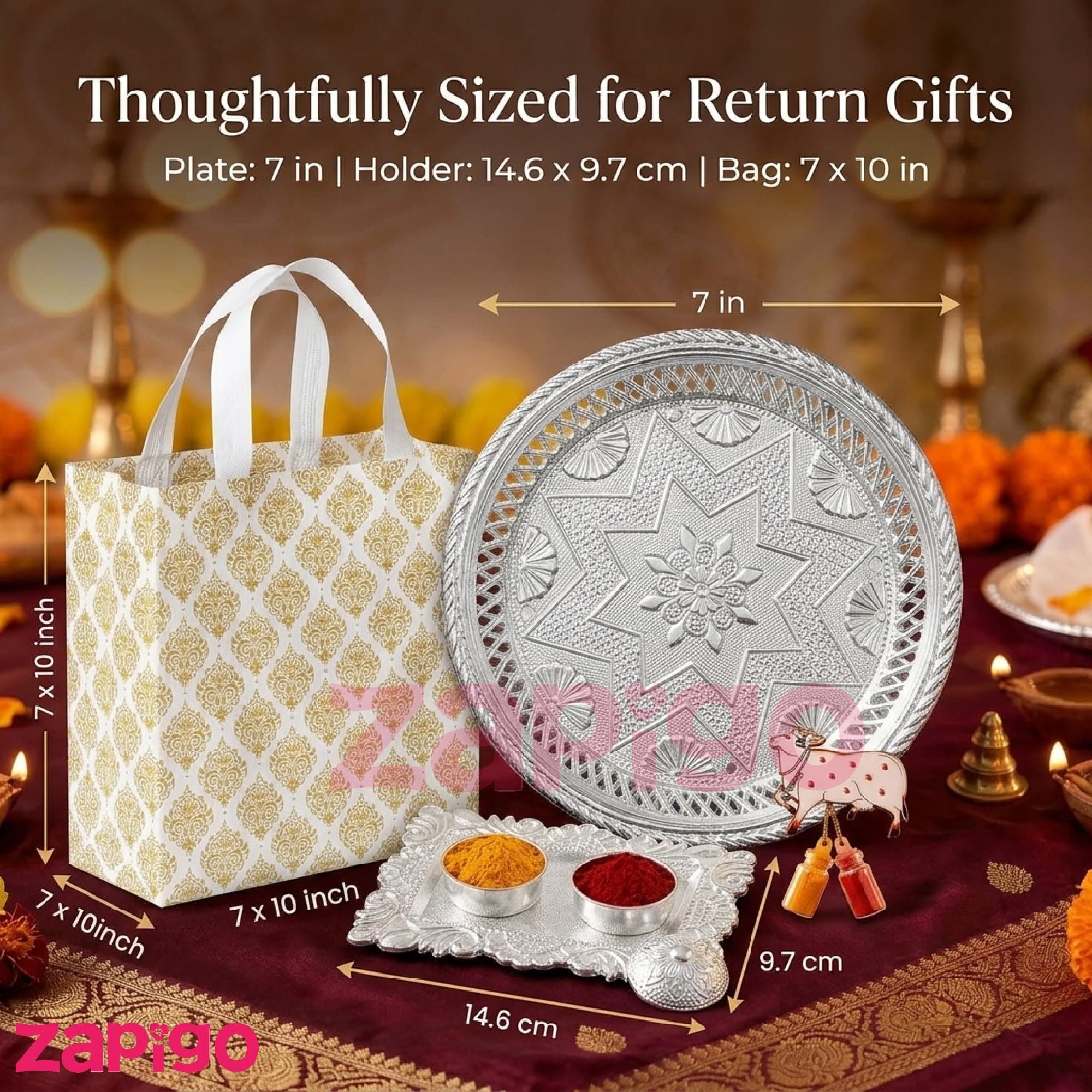 Habba Festive Return Gift Combo with Silver Plate, Cow Design Kumkum Set, Silver Kumkum Holder & Laminated Bag, Traditional Haldi Kumkum Gift for Diwali, Navratri, Wedding, Housewarming - Pack of 10 thumbnail 8