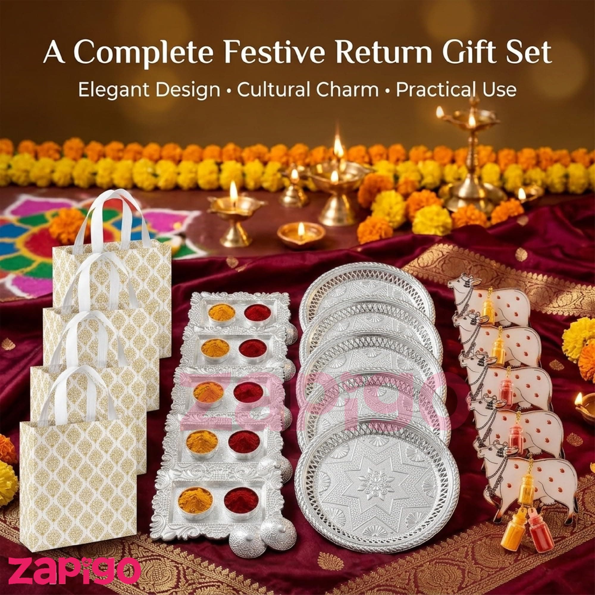 Habba Festive Return Gift Combo with Silver Plate, Cow Design Kumkum Set, Silver Kumkum Holder & Laminated Bag, Traditional Haldi Kumkum Gift for Diwali, Navratri, Wedding, Housewarming - Pack of 10 thumbnail 2