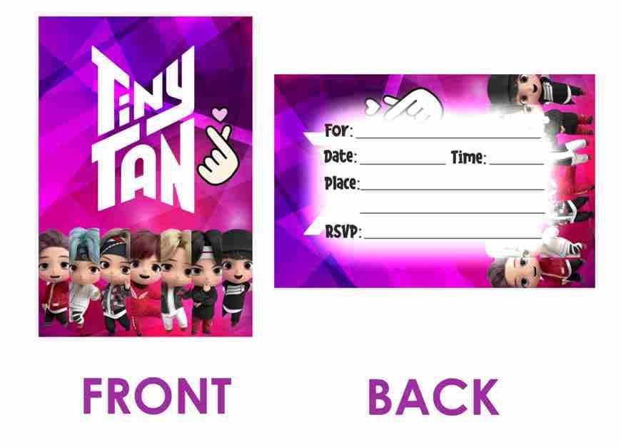 Balloonistics TinyTan Theme Birthday Invitations - Pack of 10 Premium Matte Fill-In Cards - Purple K-Pop "Borahae" Party Invites - BTS-Inspired Chibi Character Stationery (Invite Cards - Pack of 10) thumbnail 2