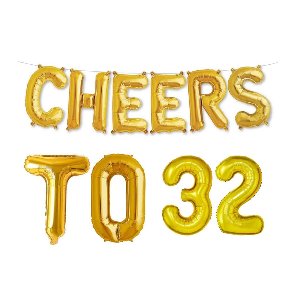 Balloonistics 'Cheers to 32' Gold Foil Balloon Combo – Number 32 Balloon for 32nd Birthday & Anniversary Decoration thumbnail 1