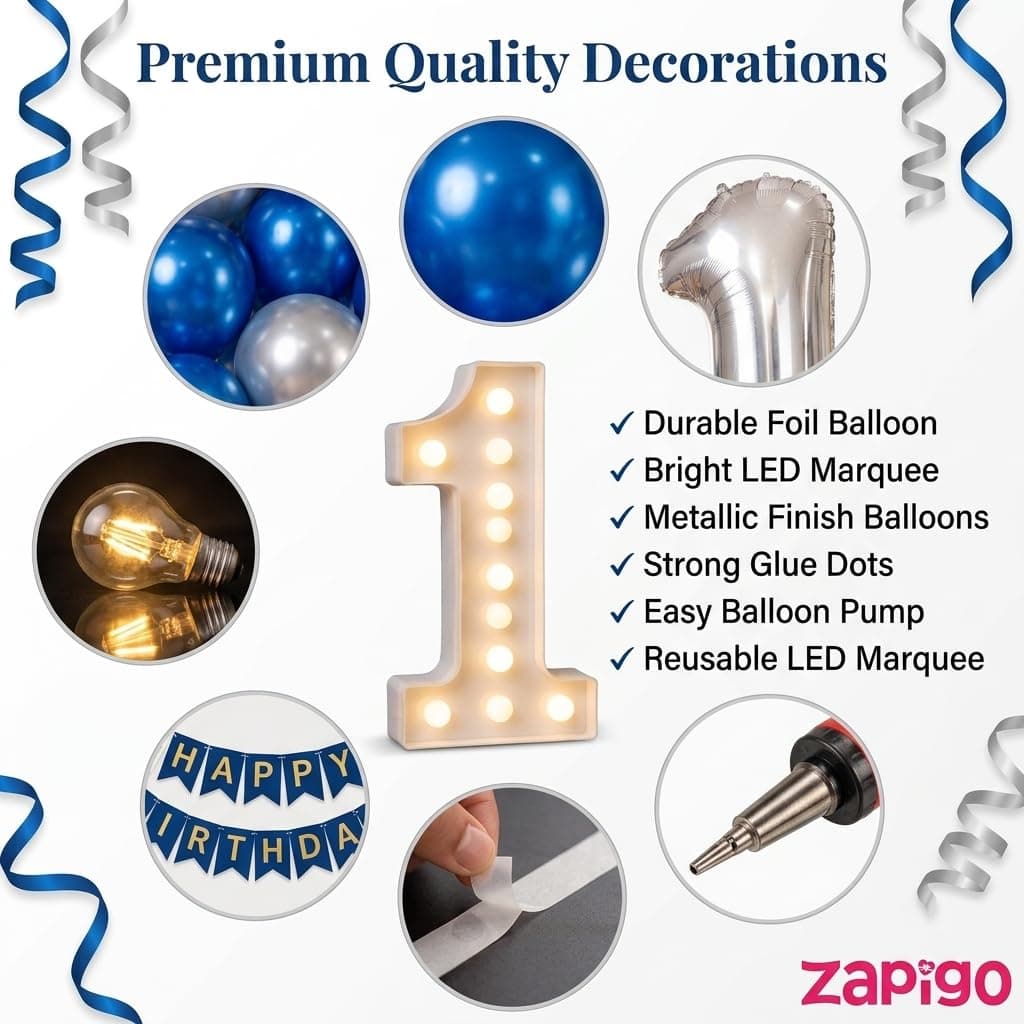 Balloonistics 6th Birthday Decoration Combo Kit - 40 Inch Silver Foil Number Balloon, LED Marquee Light, 50 Silver & Blue Balloons, Happy Birthday Banner, Balloon Pump & Glue Dots thumbnail 6