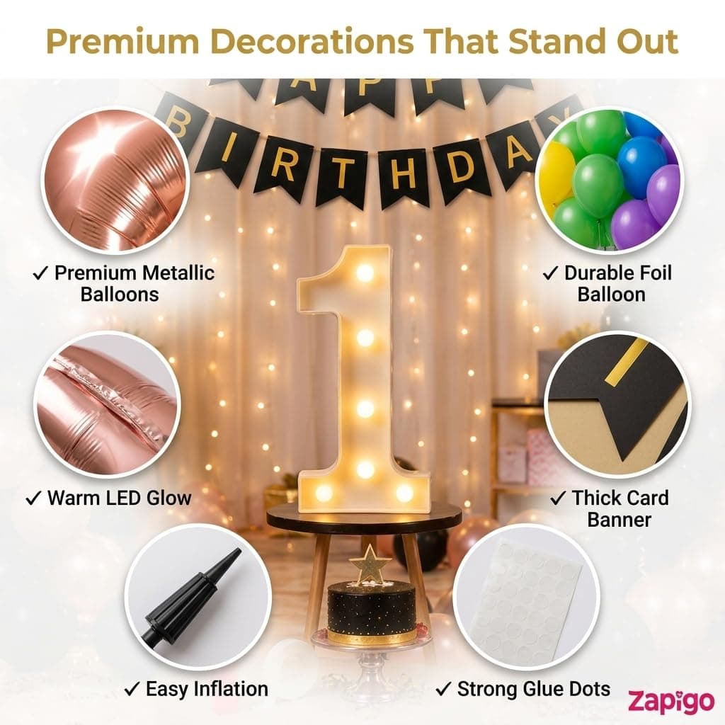 Balloonistics 7th Birthday Decoration Combo Kit - 40 Inch Rose Gold Foil Number Balloon, LED Marquee Light, 50 Rose Gold & Black Balloons, Happy Birthday Banner, Balloon Pump & Glue Dots thumbnail 6