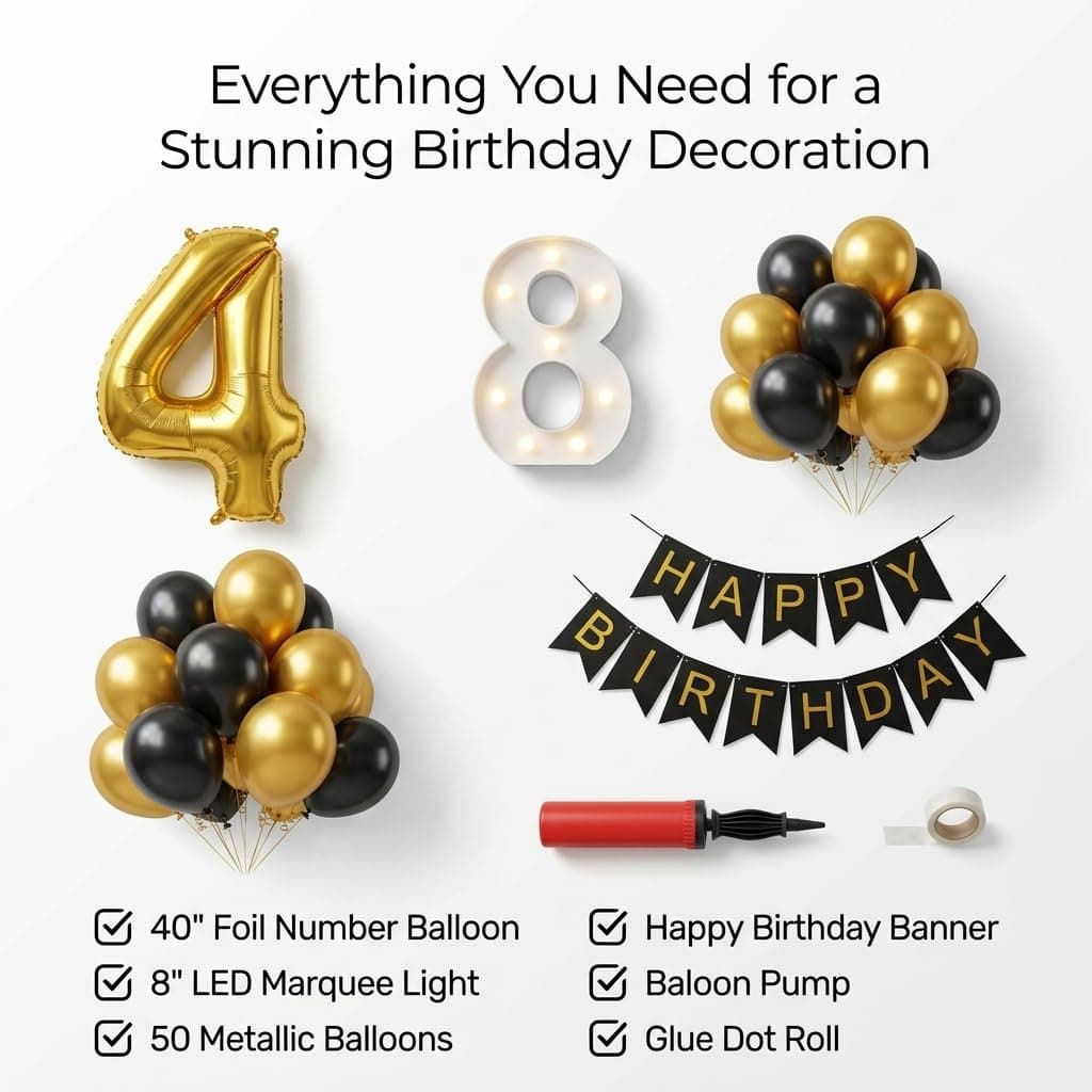 Balloonistics 17th Birthday Decoration Combo Kit - 40 Inch Gold Foil Number Balloon, LED Marquee Light, 50 Black & Gold Balloons, Happy Birthday Banner, Balloon Pump & Glue Dots thumbnail 2