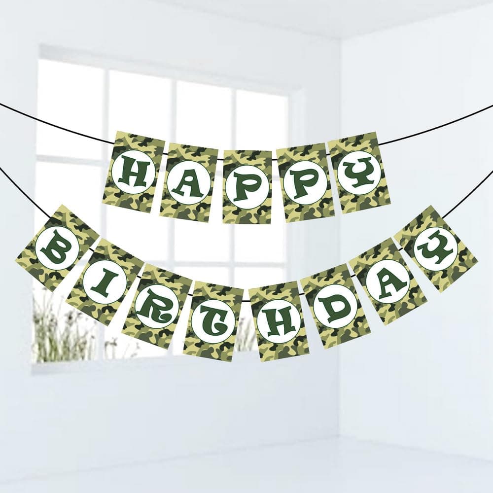 Balloonistics Camo Military Happy Birthday Banner – Army Soldier Combat Camouflage Bunting – Premium Cardstock Party Decoration for Military & Jungle Theme Birthdays thumbnail 1