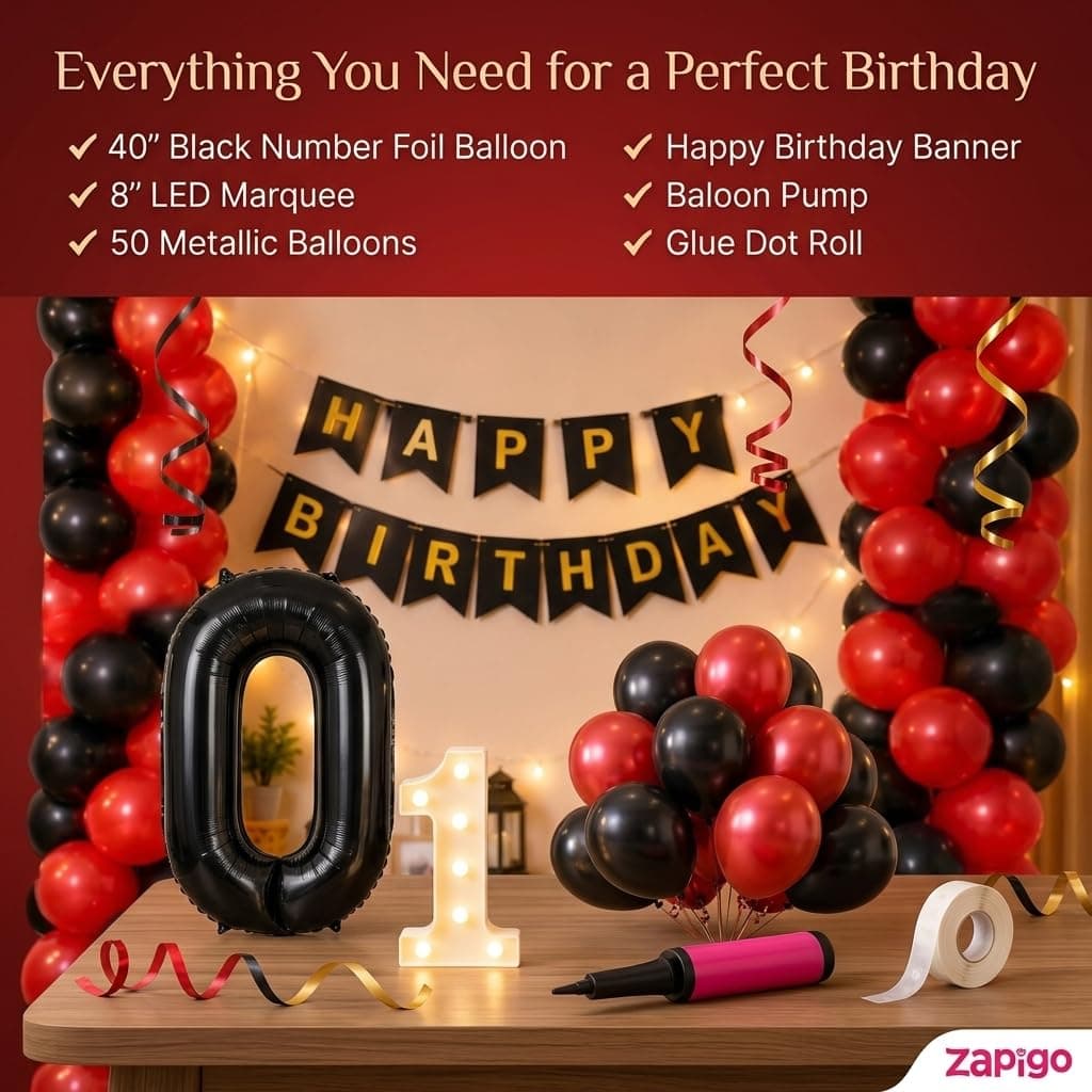 Balloonistics 11th Birthday Decoration Combo Kit - 40 Inch Black Foil Number Balloon, LED Marquee Light, 50 Black & Red Balloons, Happy Birthday Banner, Balloon Pump & Glue Dots thumbnail 2