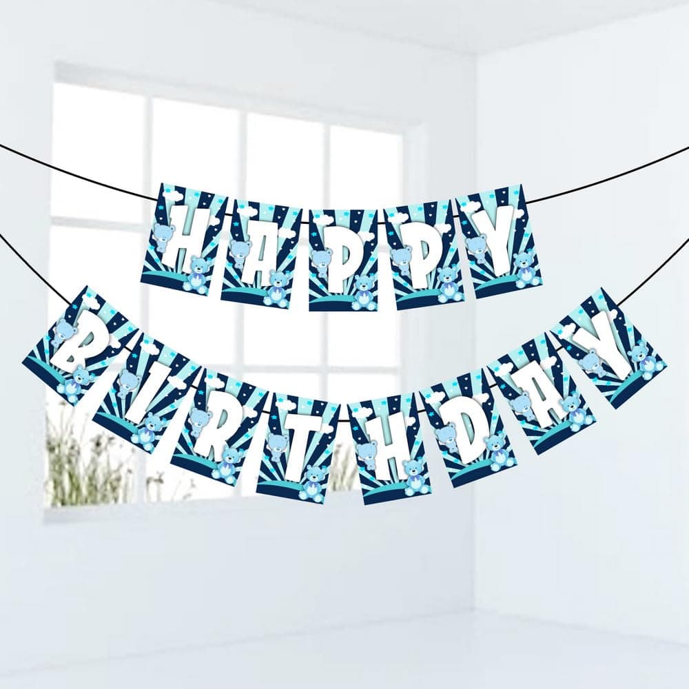 Balloonistics Blue Teddy Bear Birthday Banner - "Mom Theme" Happy Birthday Bunting for Boys' Party Decorations - Premium Cardstock Backdrop for Indoor & Outdoor Use, Includes Ribbon - Cuddly Bear Theme Party Supplies (Happy Birthday Banner)