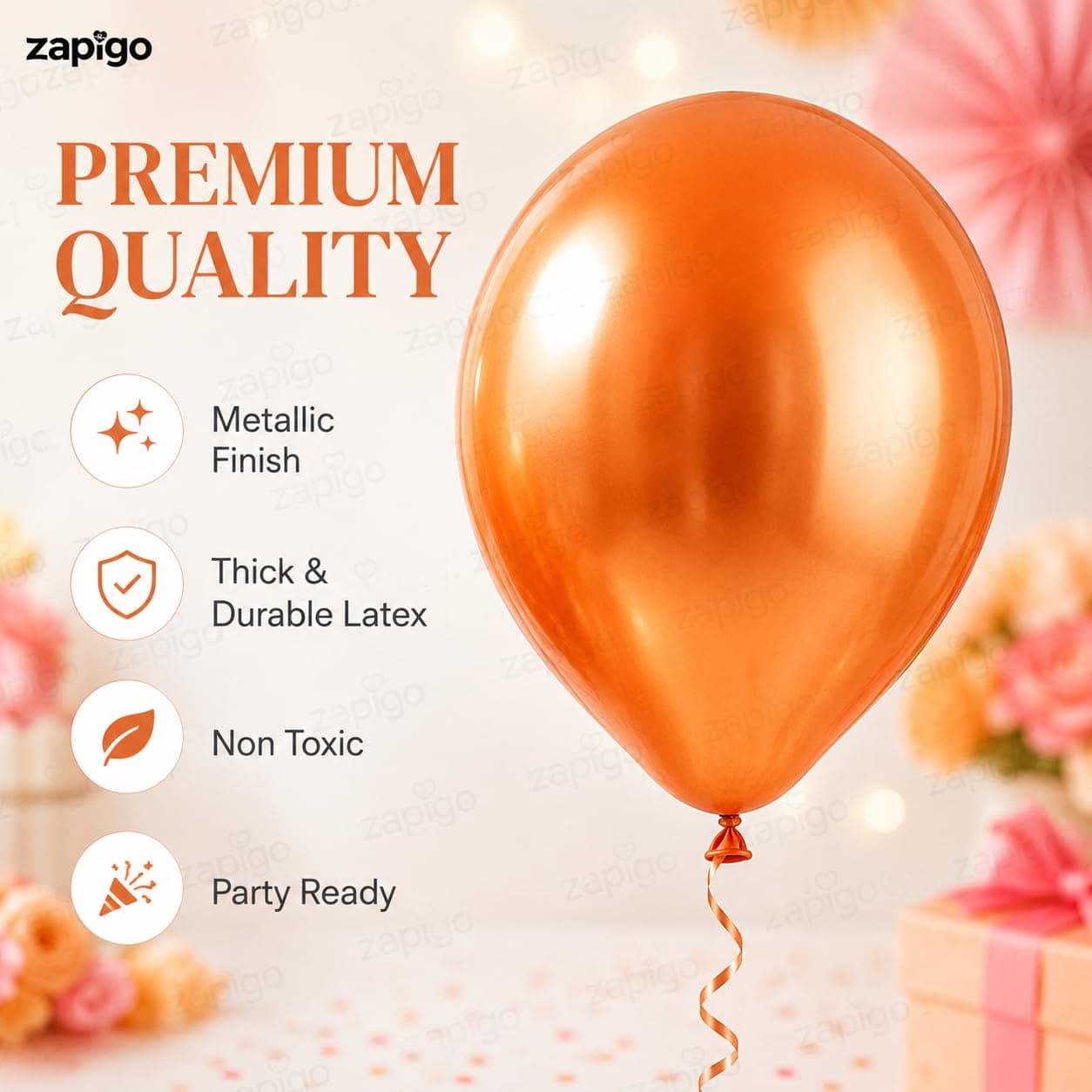 Balloonistics 25-Pack Metallic Pearl Finish Orange Latex Balloons – Shiny Bright Orange Balloons for Birthday, Halloween, Tropical Theme & Cheerful Party Decoration thumbnail 2
