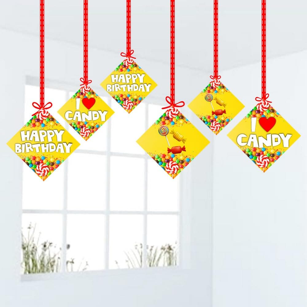 Balloonistics Candy Theme Happy Birthday Hanging Decorations - Pack of 12 Double-Sided Cardstock Swirls & Cutouts - Sweet One, Candyland, and Lollipop Party Supplies, Includes Ribbons & Hooks (Hangings - Pack of 12) thumbnail 1