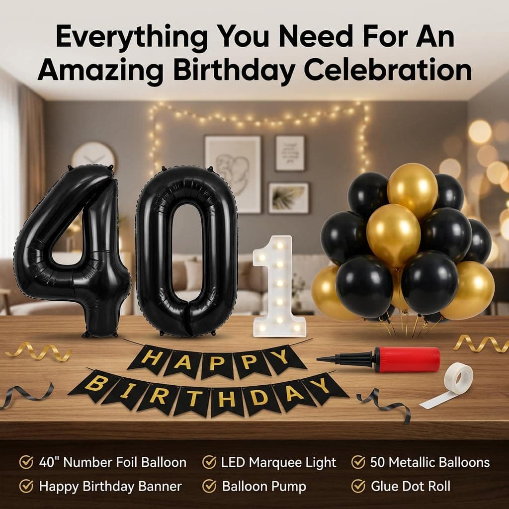 Balloonistics 21st Birthday Decoration Combo Kit - 40 Inch Black Foil Number Balloon, LED Marquee Light, 50 Black & Gold Balloons, Happy Birthday Banner, Balloon Pump & Glue Dots thumbnail 2