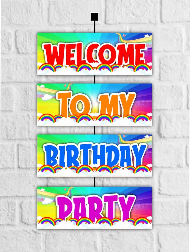 Balloonistics Rainbow Theme Happy Birthday Welcome Board - Vibrant Cardstock Door Sign for Indoor & Outdoor Party Decor - 2.3 Feet Large Birthday Backdrop, Includes Hanging Ribbons (Welcome Outdoor Board)