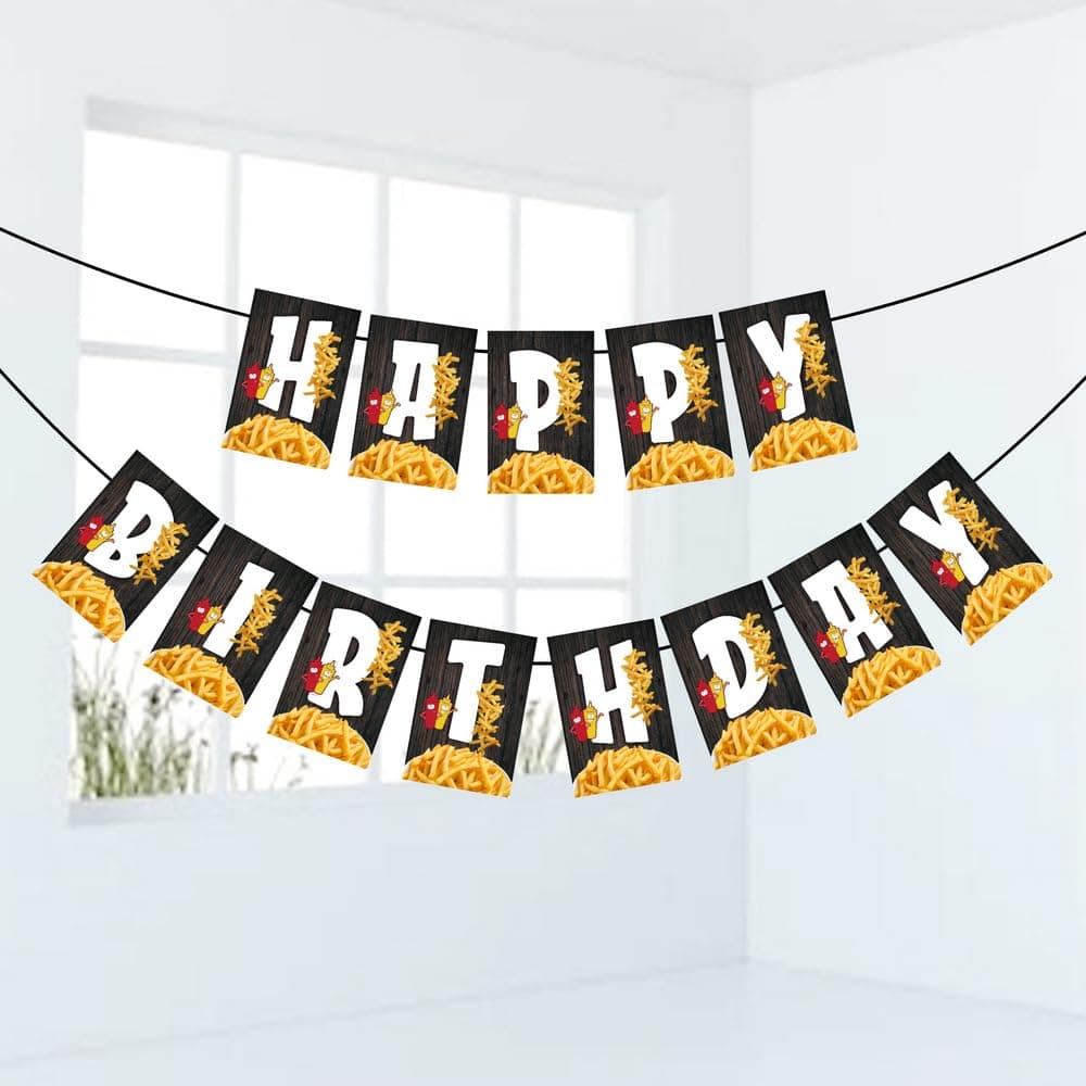 Balloonistics French Fries Theme Happy Birthday Banner Premium Cardstock Fast Food Party Decorations Birthday Backdrop for Foodie Including Ribbon thumbnail 1