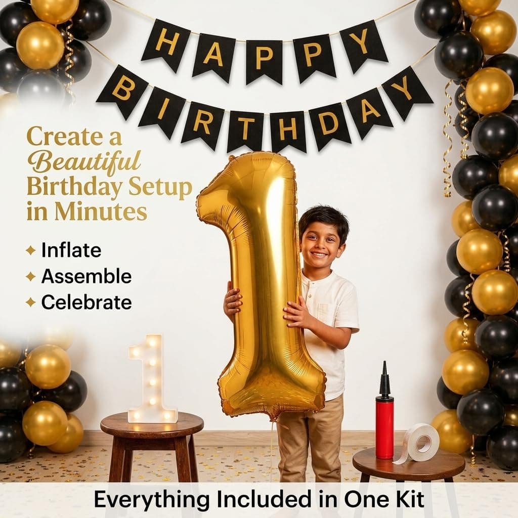 Balloonistics 40th Birthday Decoration Combo Kit - 40 Inch Gold Foil Number Balloon, LED Marquee Light, 50 Black & Gold Balloons, Happy Birthday Banner, Balloon Pump & Glue Dots thumbnail 7