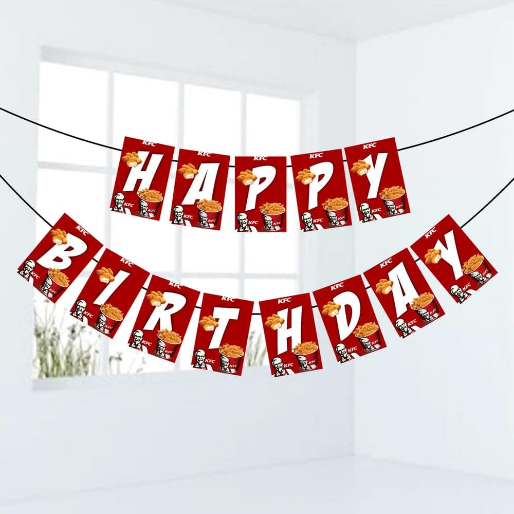 Balloonistics KFC Theme Happy Birthday Banner Premium Cardstock Fried Chicken Party Decorations Fast Food Birthday Backdrop for Chicken Lovers Including Ribbon thumbnail 1