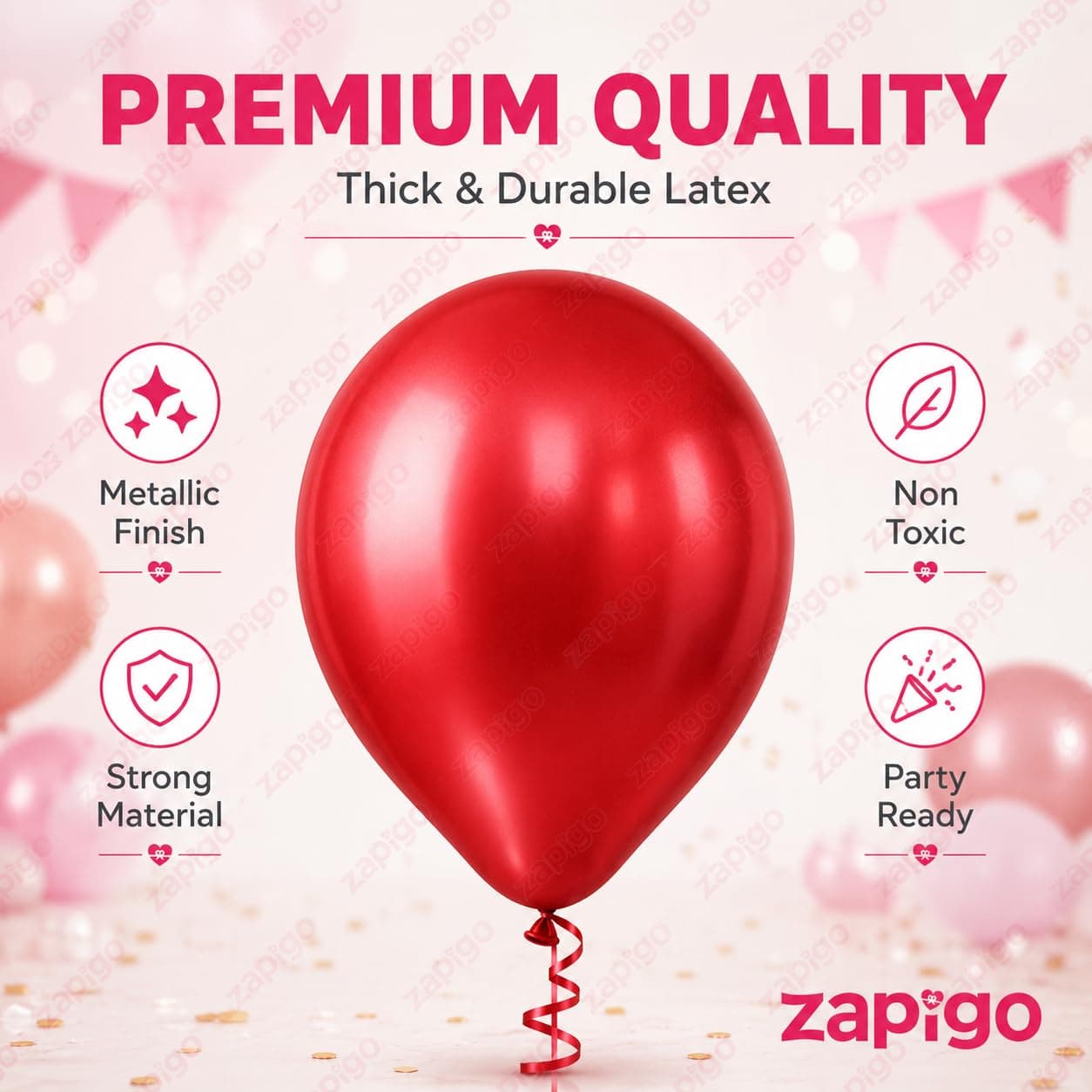 Balloonistics 10 Inch HD Metallic Shiny Balloons for Birthday Decoration, Decoration for Weddings, Engagement, Baby Shower, 1st Birthday, Anniversary, Birthday Party (Pack Of 50) (Red) thumbnail 2