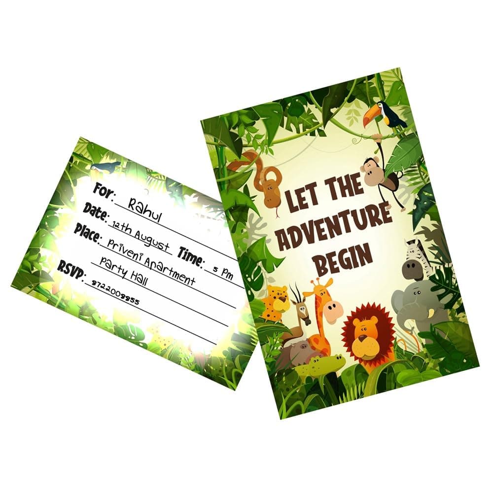 Balloonistics Jungle Animals Birthday Invitation Cards Double-Sided Cardstock Party Invites, Zoo, & Tropical Theme Birthday for Boys & Girls (Invite Cards - Pack of 10)