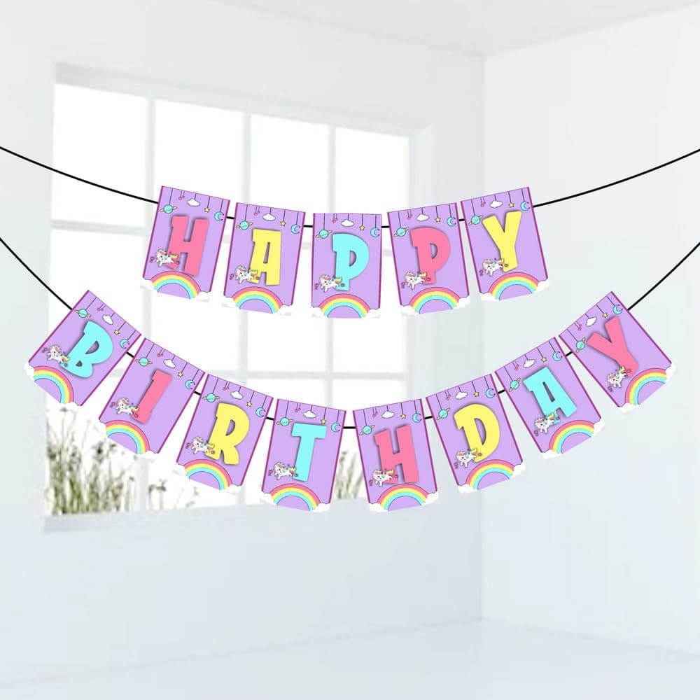 Balloonistics Unicorn Theme Happy Birthday Banner Party Decorations Durable Cardstock for Girls Birthday Backdrop, Includes Hanging Ribbon Party Supplies (Happy Birthday Banner)