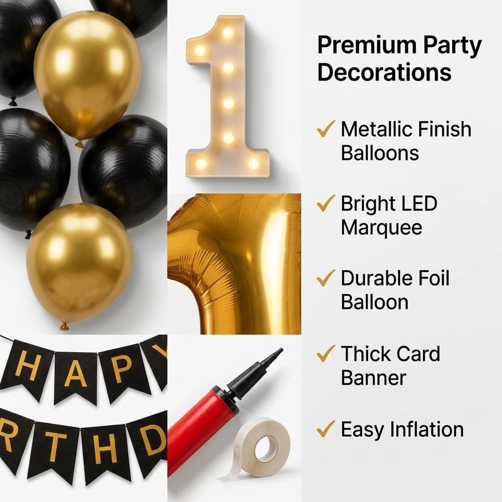 Balloonistics 8th Birthday Decoration Combo Kit - 40 Inch Gold Foil Number Balloon, LED Marquee Light, 50 Black & Gold Balloons, Happy Birthday Banner, Balloon Pump & Glue Dots thumbnail 6