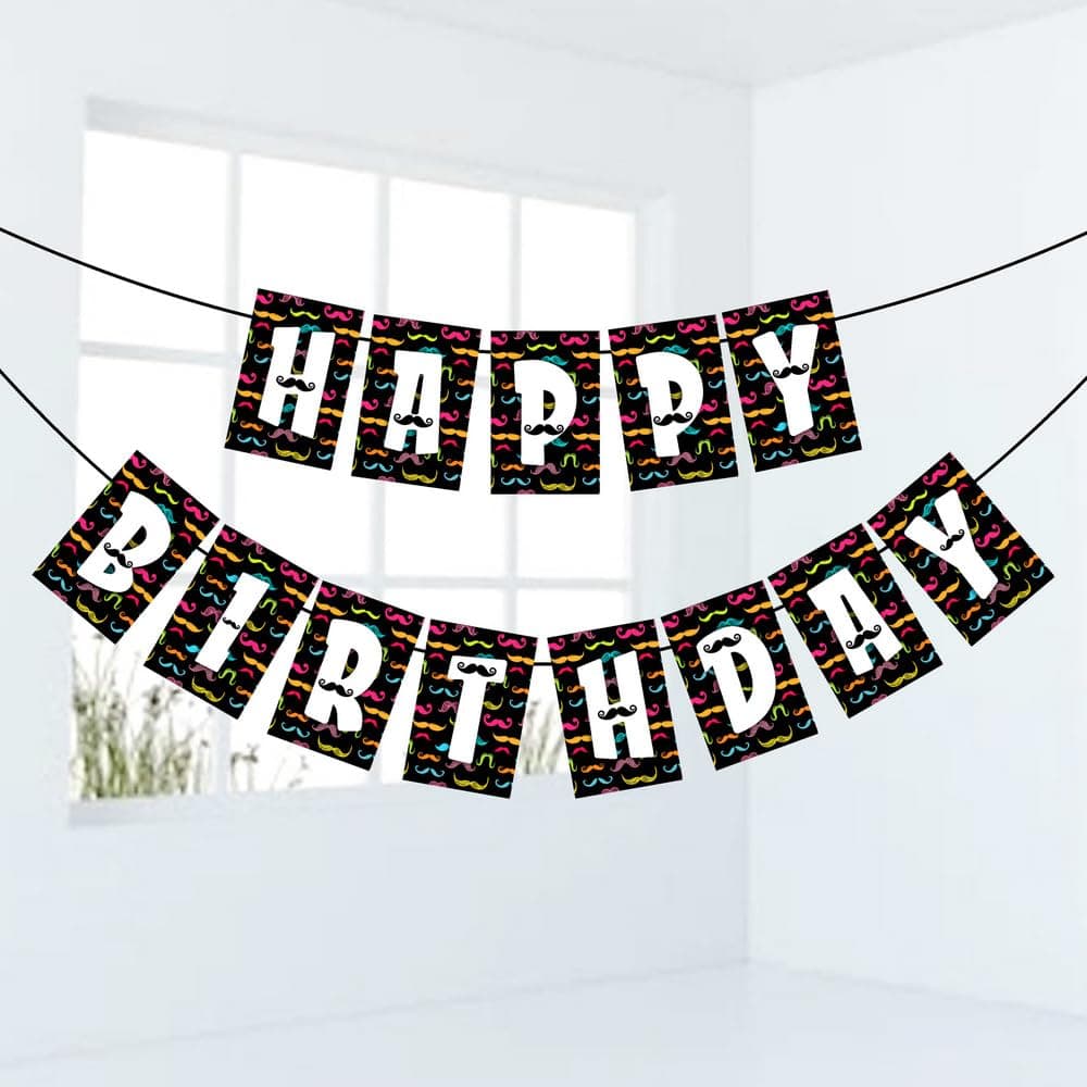 Moustache Theme Happy Birthday Banner - "Little Man" Gentlemen’s Cardstock Bunting - Dashing Mo-themed Birthday & Movember Party Decorations, "Stache & Dash" Backdrop (Happy Birthday Banner)