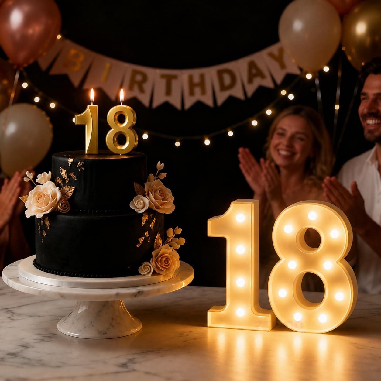 Balloonistics Number 18 LED Marquee Light & Gold Number 18 Birthday Candle Combo - 9-Inch Warm White Marquee Sign + Metallic Gold Cake Candle for 18th Birthday, Anniversary & Milestone Party