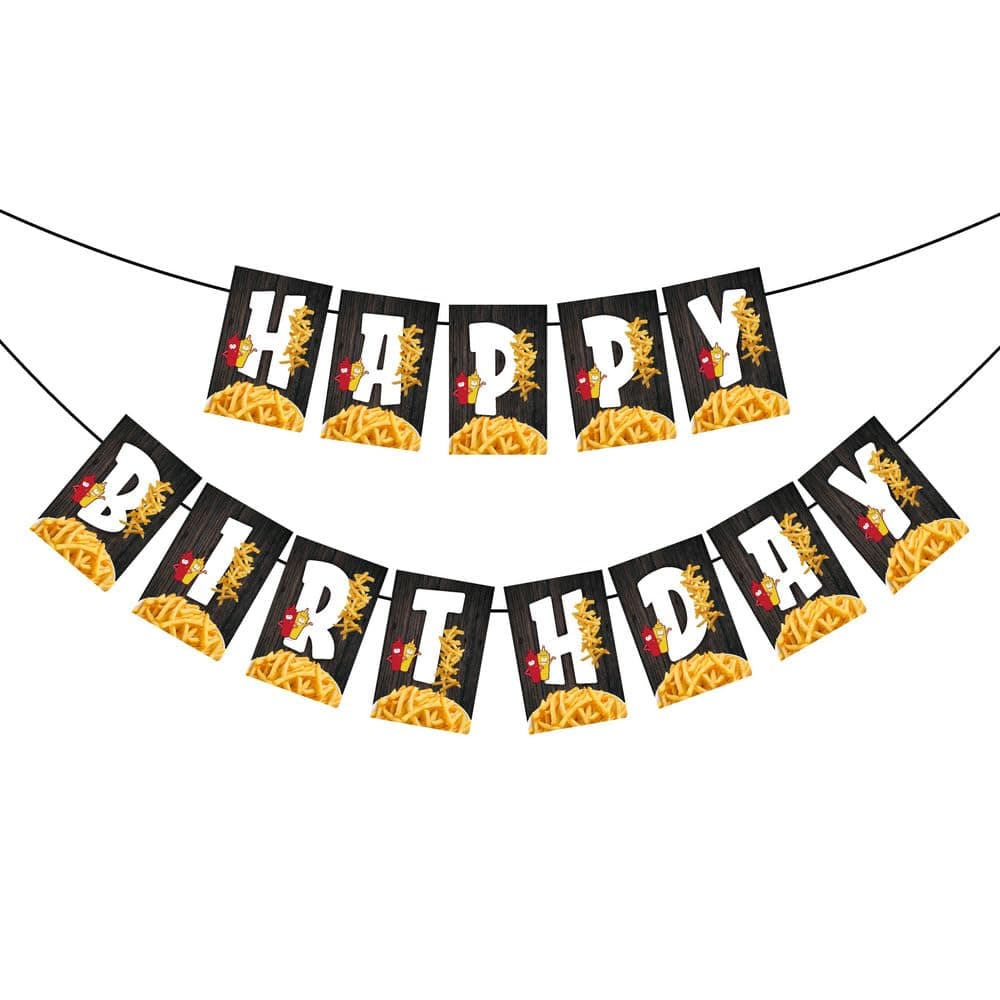 Balloonistics French Fries Theme Happy Birthday Banner Premium Cardstock Fast Food Party Decorations Birthday Backdrop for Foodie Including Ribbon thumbnail 2