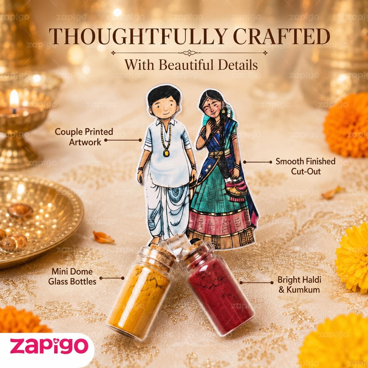 Habba Wedding Couple Haldi Kumkum Set for Guests, Printed Cut-Out with Mini Dome Glass Bottles of Haldi & Kumkum, Traditional Wedding Return Gift (Kalyanam / Vivah / Lagna), Pack of 10 thumbnail 5