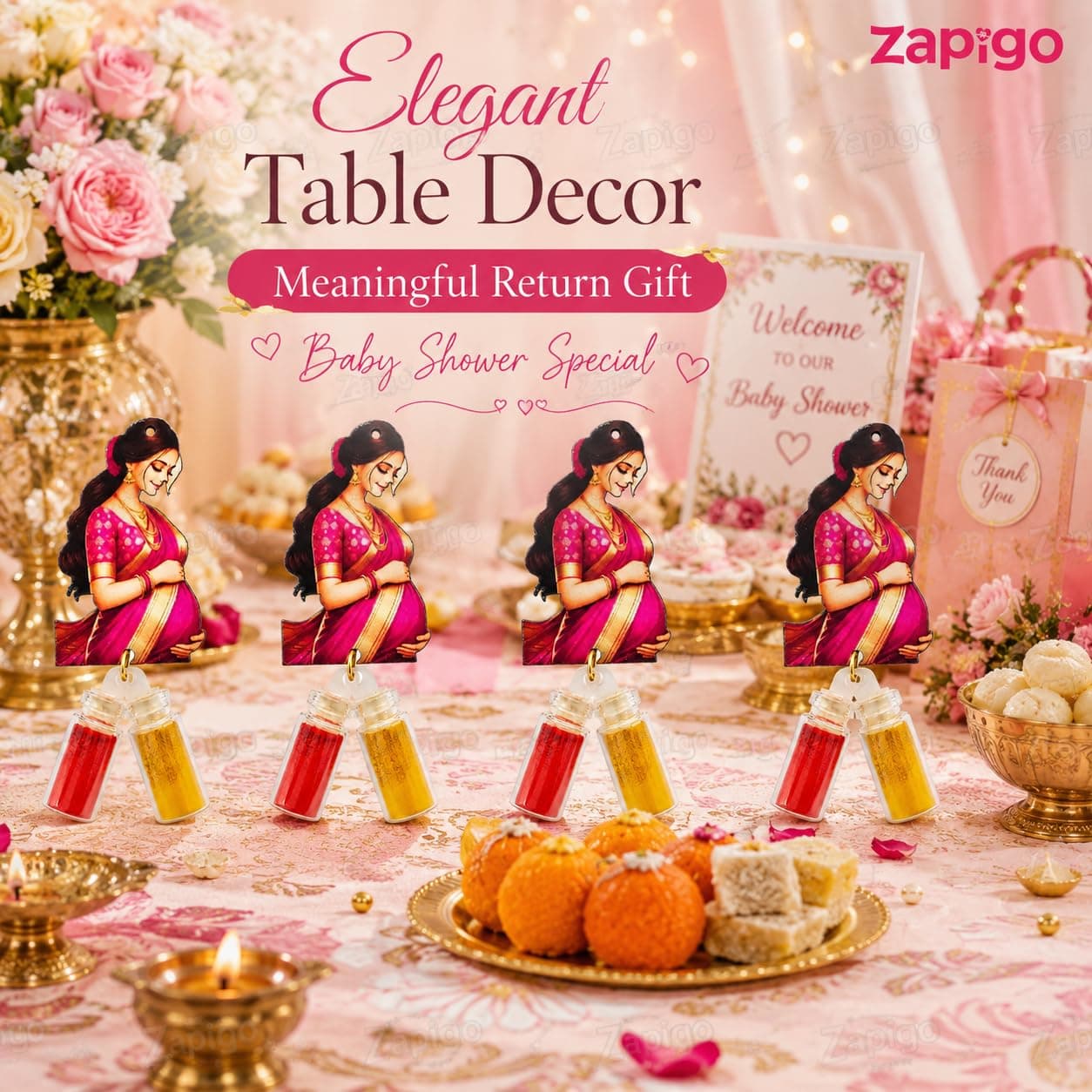 Habba Baby Shower Haldi Kumkum Set for Guests, Printed Cut-Out with Mini Dome Glass Bottles of Haldi & Kumkum, Traditional Seemantham/Godh Bharai/Valaikappu Return Gift, Pack of 10 thumbnail 8