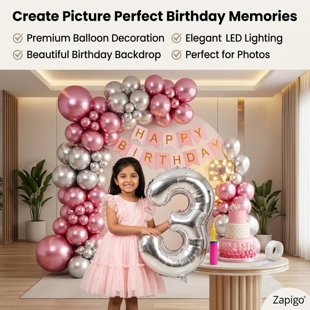 Balloonistics 11th Birthday Decoration Combo Kit - 40 Inch Silver Foil Number Balloon, LED Marquee Light, 50 Silver & Pink Balloons, Happy Birthday Banner, Balloon Pump & Glue Dots thumbnail 7