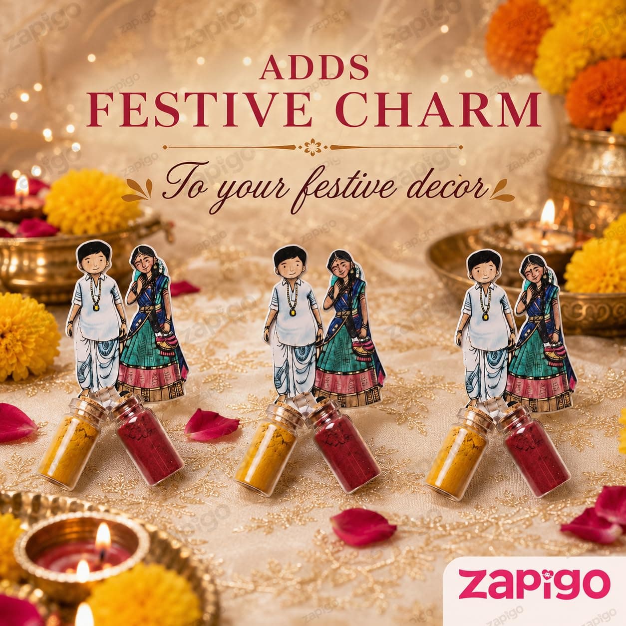 Habba Wedding Couple Haldi Kumkum Set for Guests, Printed Cut-Out with Mini Dome Glass Bottles of Haldi & Kumkum, Traditional Wedding Return Gift (Kalyanam / Vivah / Lagna), Pack of 10 thumbnail 2