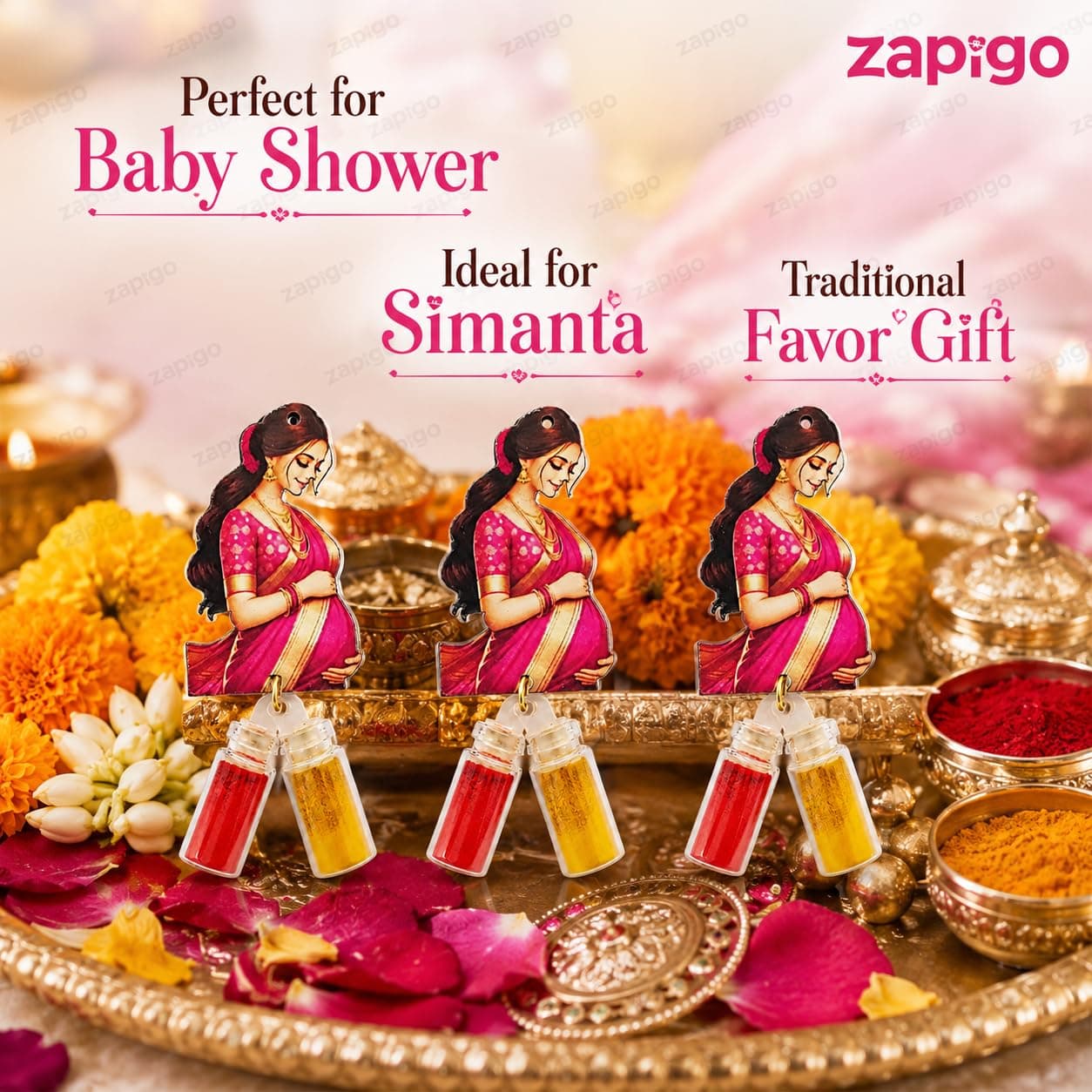 Habba Baby Shower Haldi Kumkum Set for Guests, Printed Cut-Out with Mini Dome Glass Bottles of Haldi & Kumkum, Traditional Seemantham, Godh Bharai, Valaikappu Return Gift, Pack of 5 thumbnail 5