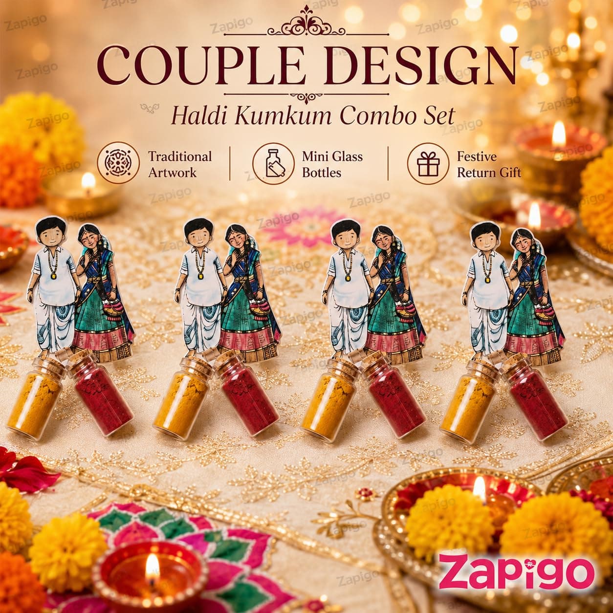 Habba Wedding Couple Haldi Kumkum Set for Guests, Printed Cut-Out with Mini Dome Glass Bottles of Haldi & Kumkum, Traditional Wedding Return Gift (Kalyanam / Vivah / Lagna), Pack of 10 thumbnail 7