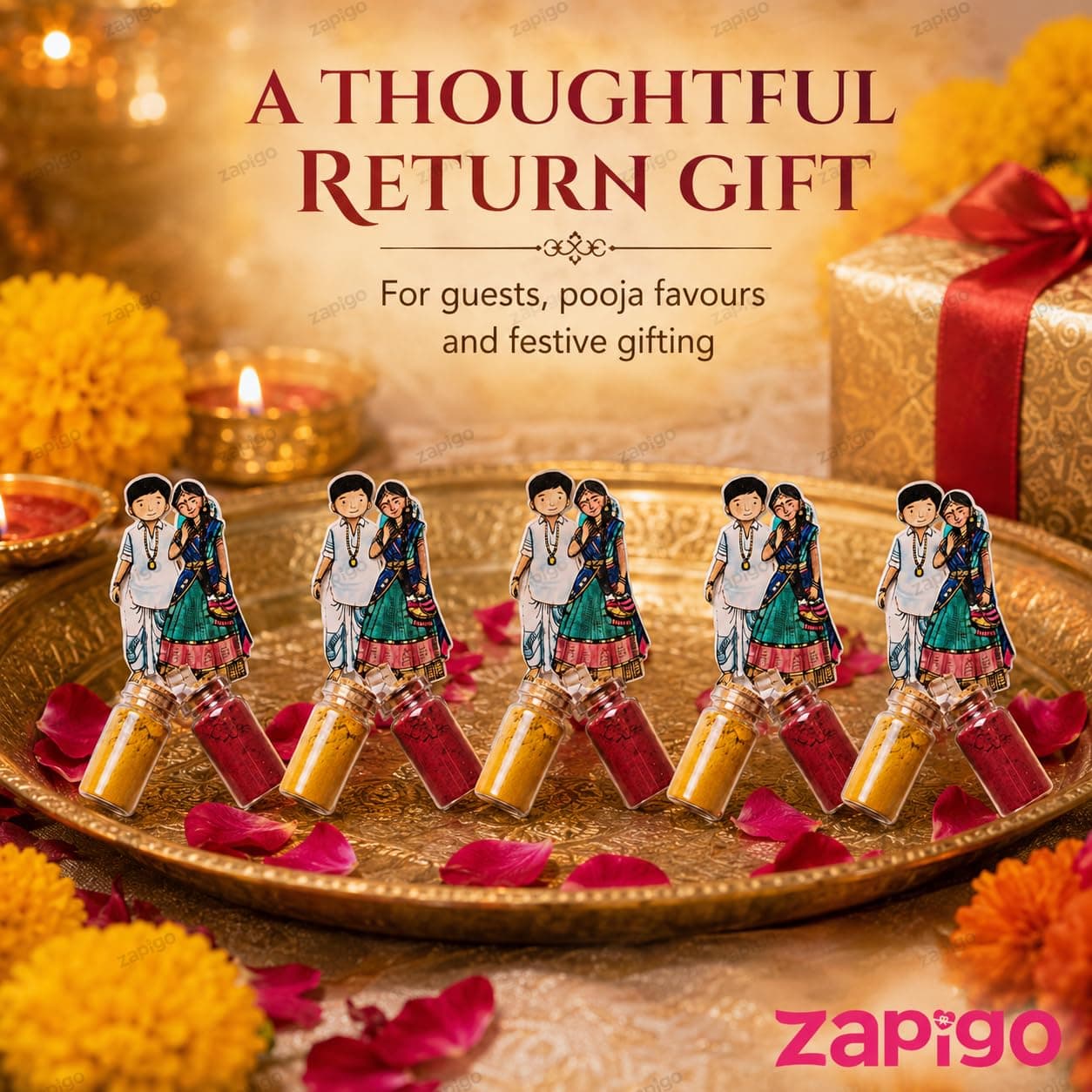 Habba Wedding Couple Haldi Kumkum Set for Guests, Printed Cut-Out with Mini Dome Glass Bottles of Haldi & Kumkum, Traditional Wedding Return Gift (Kalyanam / Vivah / Lagna), Pack of 10 thumbnail 4