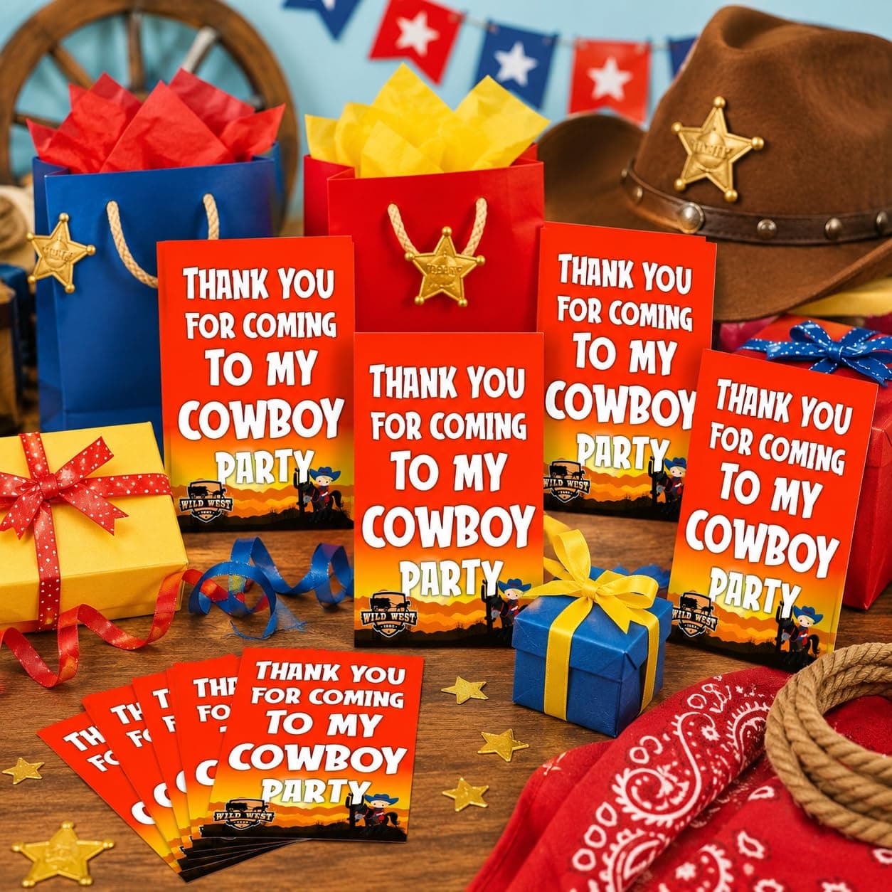 Balloonistics Cowboy Theme Thank You Cards - Pack of 20 Wild West Birthday Note Cards - Premium Cardstock Double-Sided "Thanks for Roping by" Stationery, Rustic Sheriff Badge & Boot Gratitude Cards (Thank you Cards - Pack of 20)