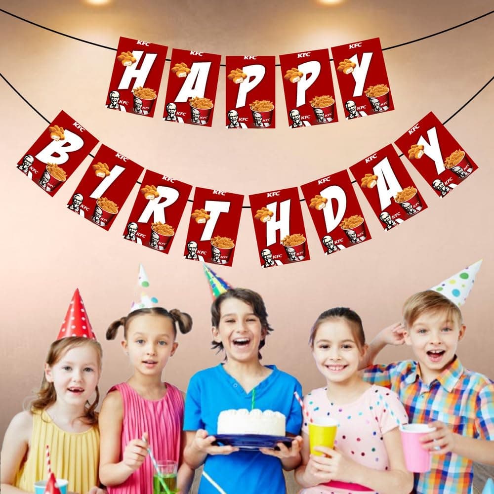 Balloonistics KFC Theme Happy Birthday Banner Premium Cardstock Fried Chicken Party Decorations Fast Food Birthday Backdrop for Chicken Lovers Including Ribbon thumbnail 3