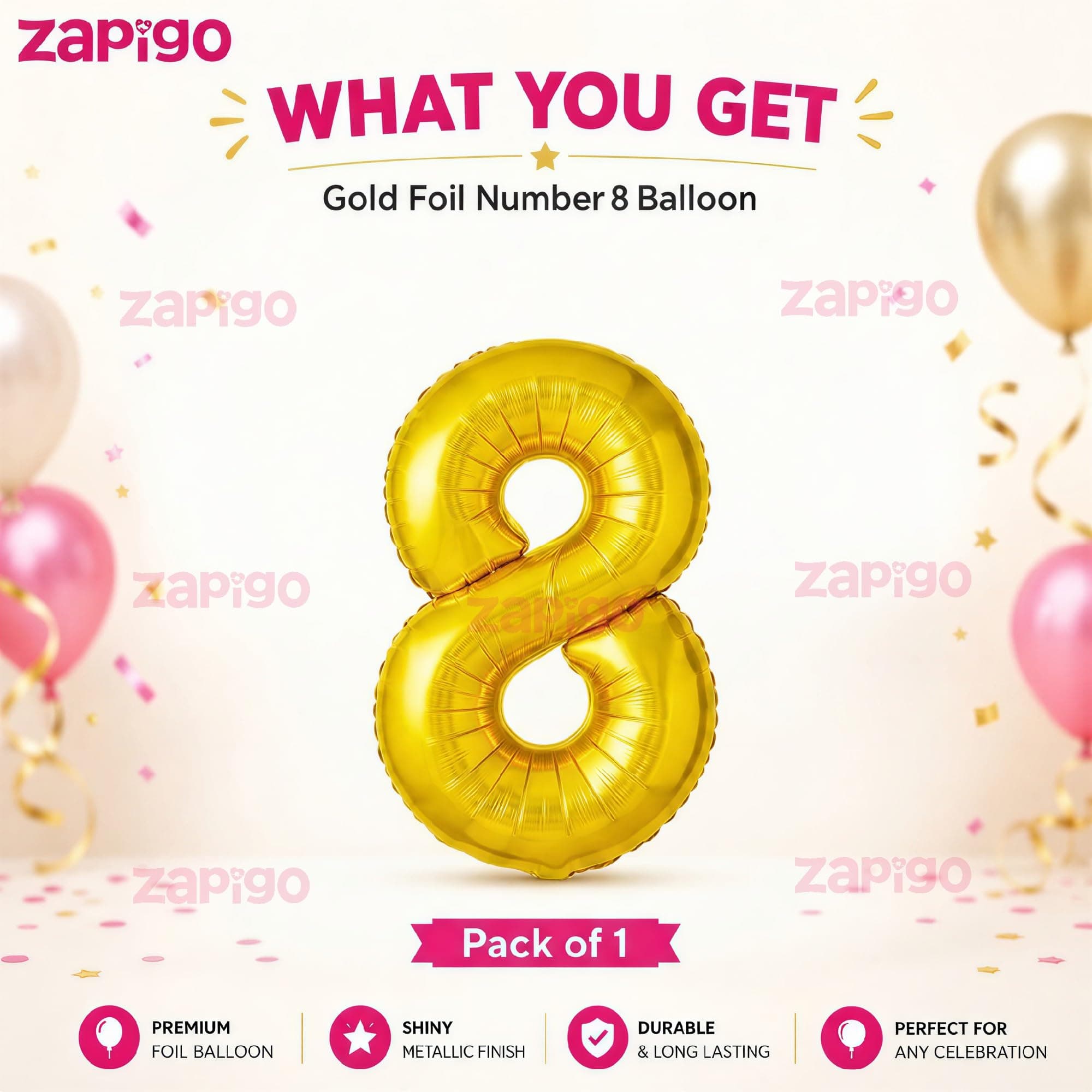 Balloonistics Number 8 Gold Foil Balloon – 16-Inch Metallic Single Digit Balloon for 8th Birthday, Lucky 8 & Party Decoration thumbnail 2