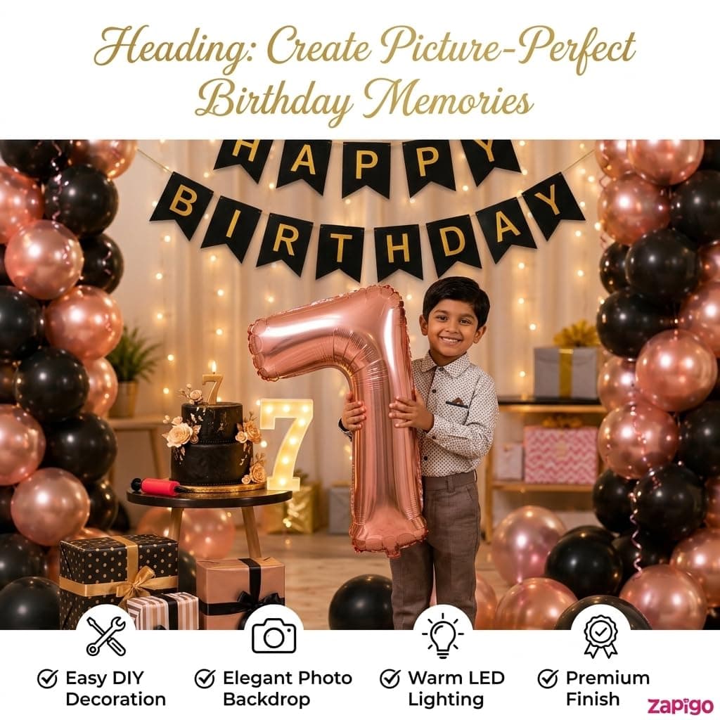 Balloonistics 10th Birthday Decoration Combo Kit - 40 Inch Rose Gold Foil Number Balloon, LED Marquee Light, 50 Rose Gold & Black Balloons, Happy Birthday Banner, Balloon Pump & Glue Dots thumbnail 4