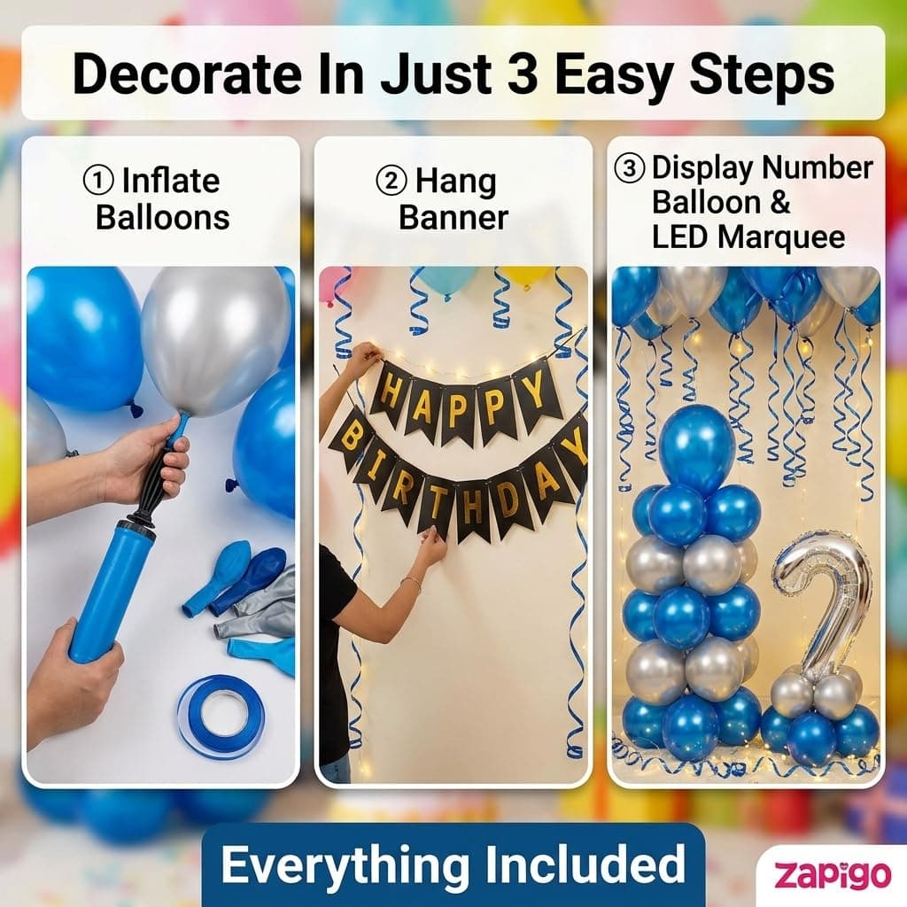 Balloonistics 10th Birthday Decoration Combo Kit - 40 Inch Silver Foil Number Balloon, LED Marquee Light, 50 Silver & Blue Balloons, Happy Birthday Banner, Balloon Pump & Glue Dots thumbnail 4