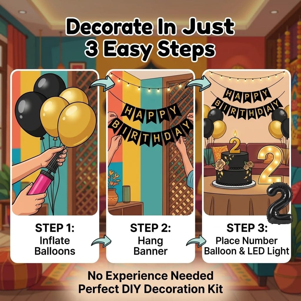Balloonistics 19th Birthday Decoration Combo Kit - 40 Inch Black Foil Number Balloon, LED Marquee Light, 50 Black & Gold Balloons, Happy Birthday Banner, Balloon Pump & Glue Dots thumbnail 3