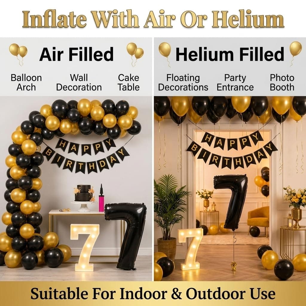 Balloonistics 11th Birthday Decoration Combo Kit - 40 Inch Black Foil Number Balloon, LED Marquee Light, 50 Black & Gold Balloons, Happy Birthday Banner, Balloon Pump & Glue Dots thumbnail 6
