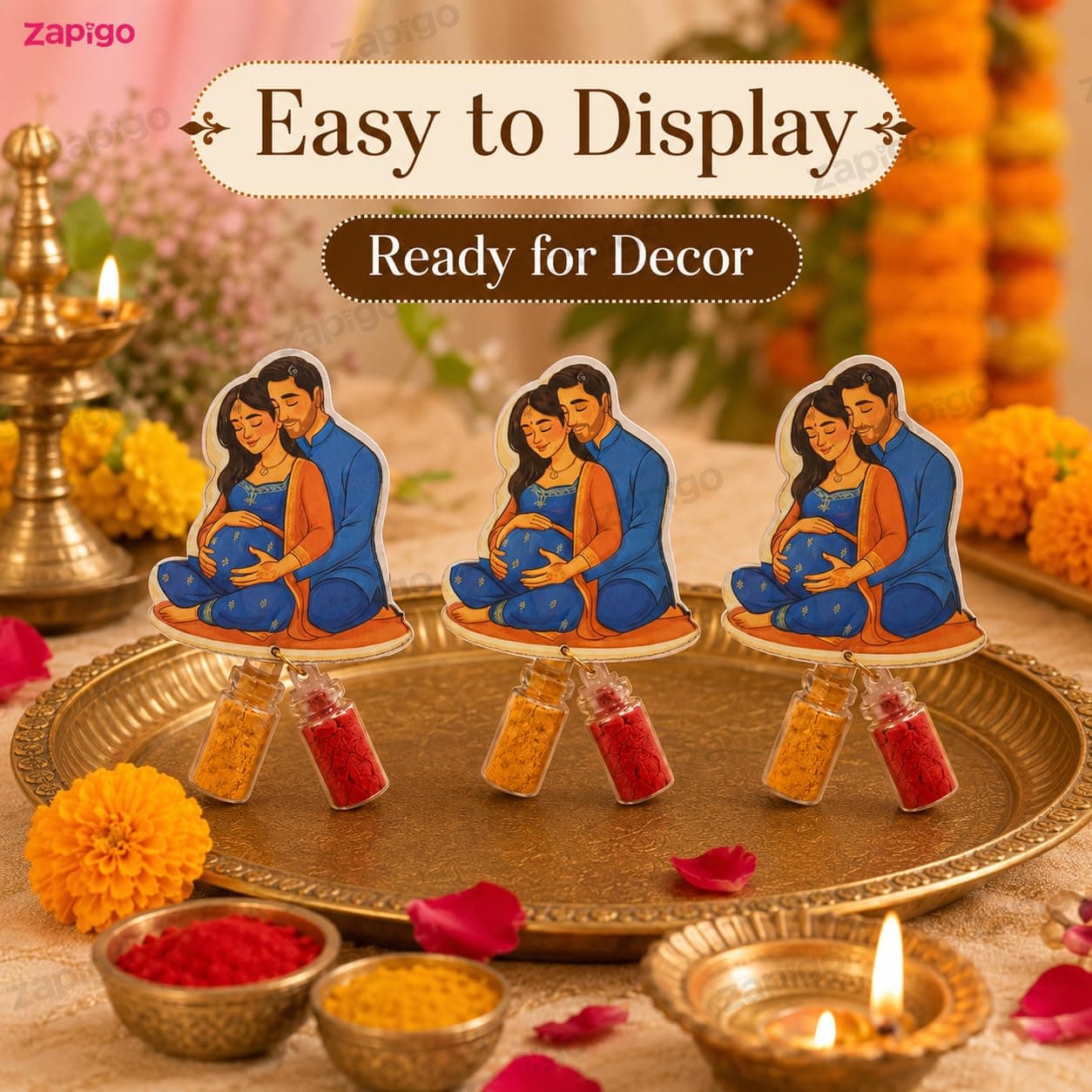 Habba Baby Shower Couple Haldi Kumkum Set for Guests, Printed Cut-Out with Mini Dome Glass Bottles of Haldi & Kumkum, Traditional Seemantham, Godh Bharai, Valaikappu Return Gift, Pack of 10 thumbnail 7