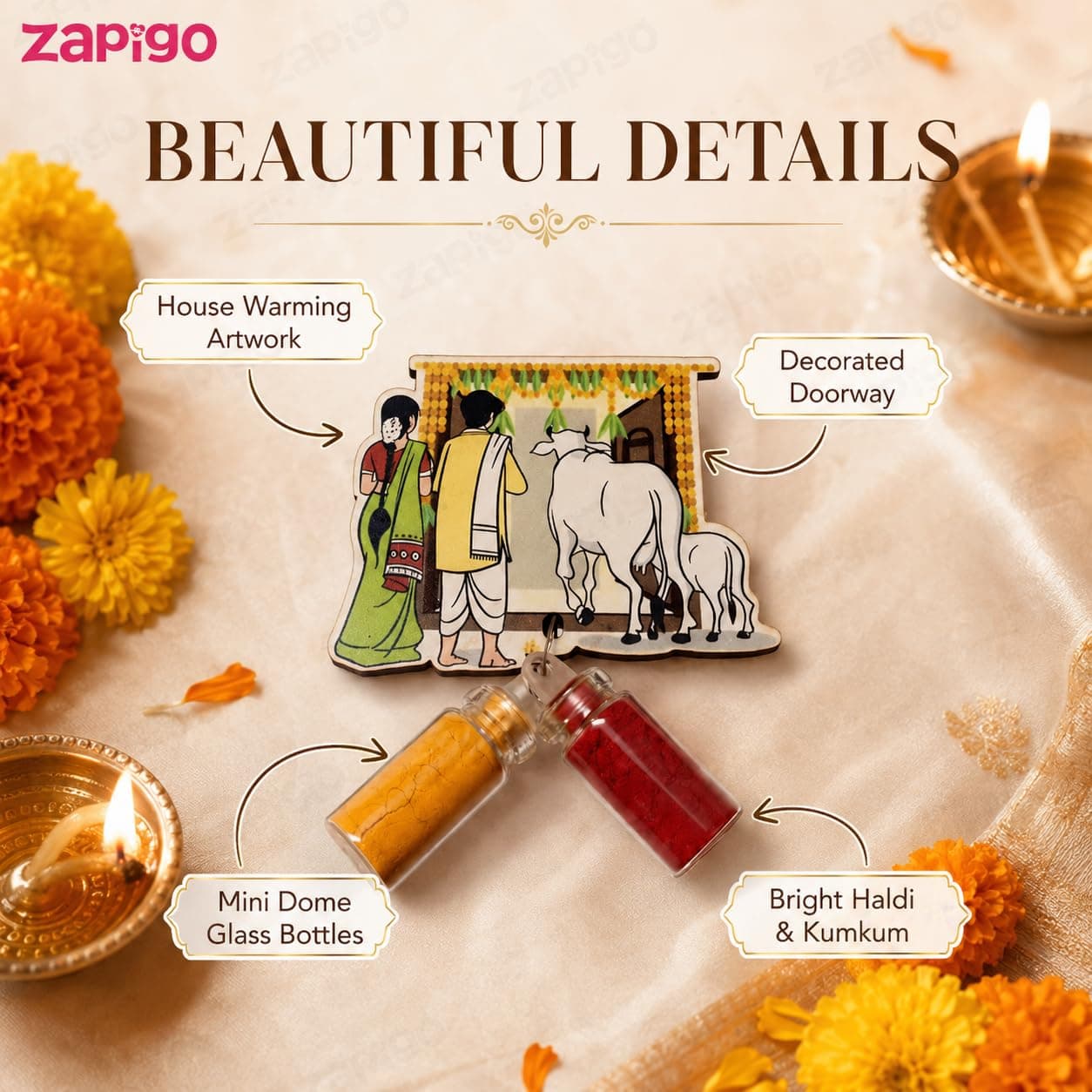 Habba House Warming Haldi Kumkum Set for Guests, Printed Cut-Out with Mini Dome Glass Bottles of Haldi & Kumkum, Traditional Griha Pravesh Return Gift (Gruhapravesam, Vaastu), Pack of 10 thumbnail 4