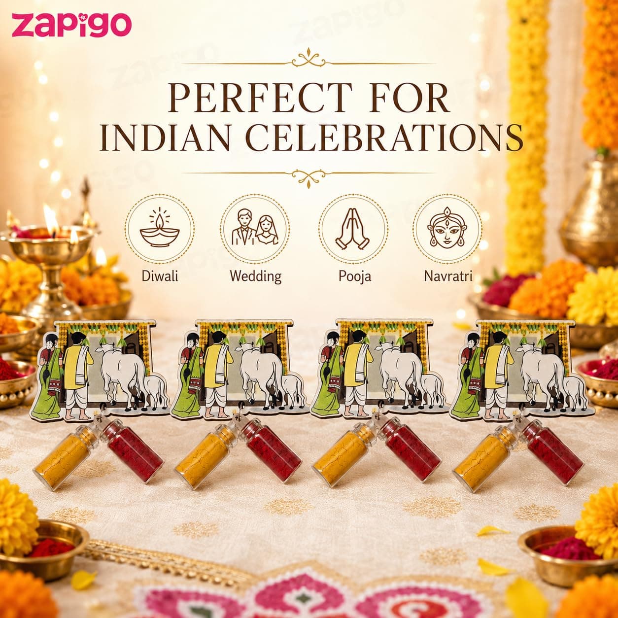 Habba House Warming Haldi Kumkum Set for Guests, Printed Cut-Out with Mini Dome Glass Bottles of Haldi & Kumkum, Traditional Griha Pravesh Pooja Return Gift (Gruhapravesam / Vaastu), Pack of 5 thumbnail 5