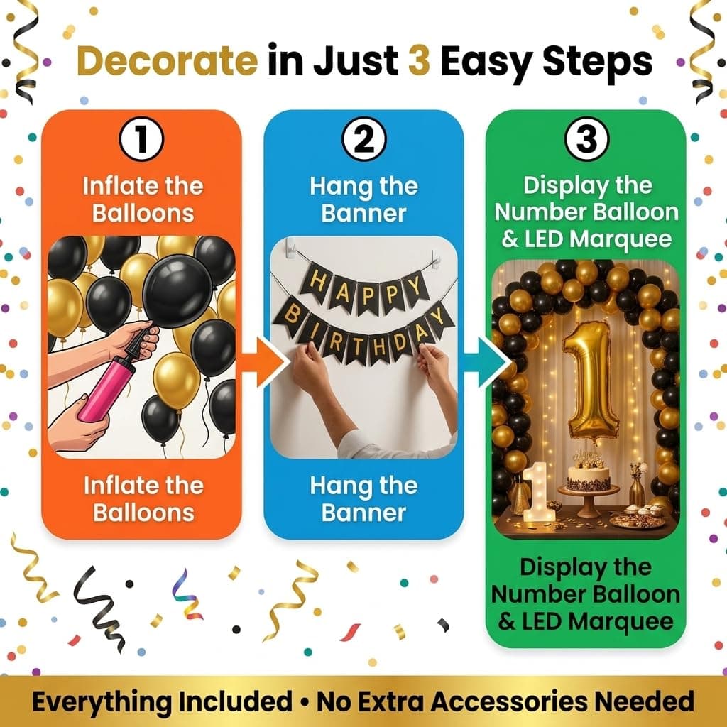 Balloonistics 14th Birthday Decoration Combo Kit - 40 Inch Gold Foil Number Balloon, LED Marquee Light, 50 Black & Gold Balloons, Happy Birthday Banner, Balloon Pump & Glue Dots thumbnail 3