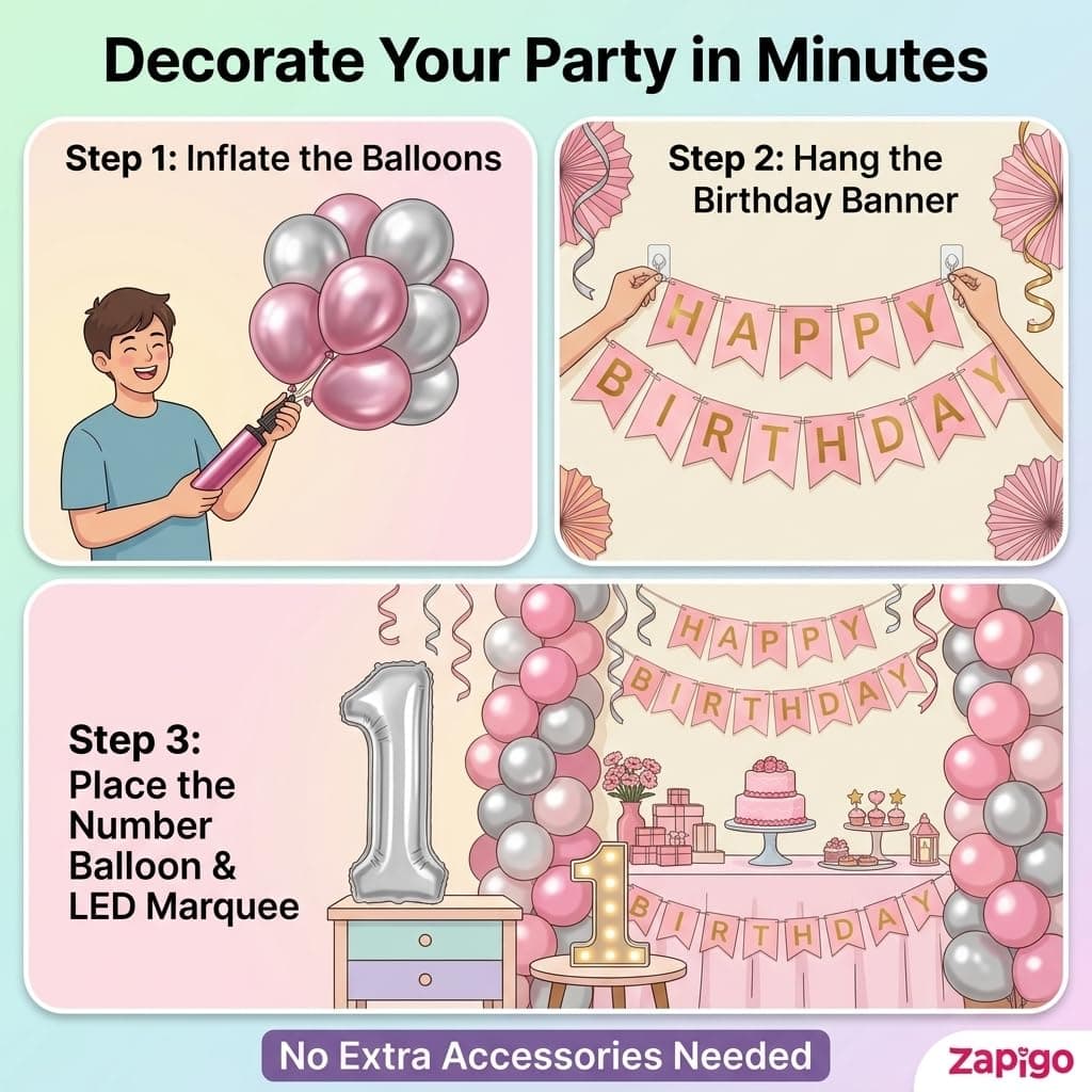 Balloonistics 12th Birthday Decoration Combo Kit - 40 Inch Silver Foil Number Balloon, LED Marquee Light, 50 Silver & Pink Balloons, Happy Birthday Banner, Balloon Pump & Glue Dots thumbnail 3