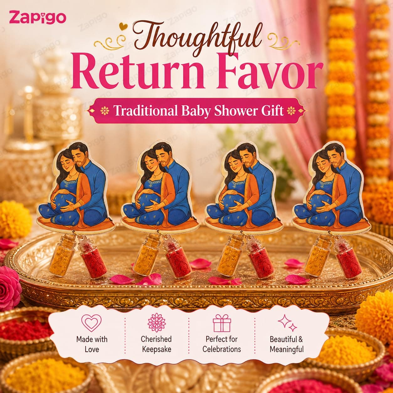 Habba Baby Shower Couple Haldi Kumkum Set for Guests, Printed Cut-Out with Mini Dome Glass Bottles of Haldi & Kumkum, Traditional Seemantham, Godh Bharai, Valaikappu Return Gift, Pack of 10 thumbnail 8