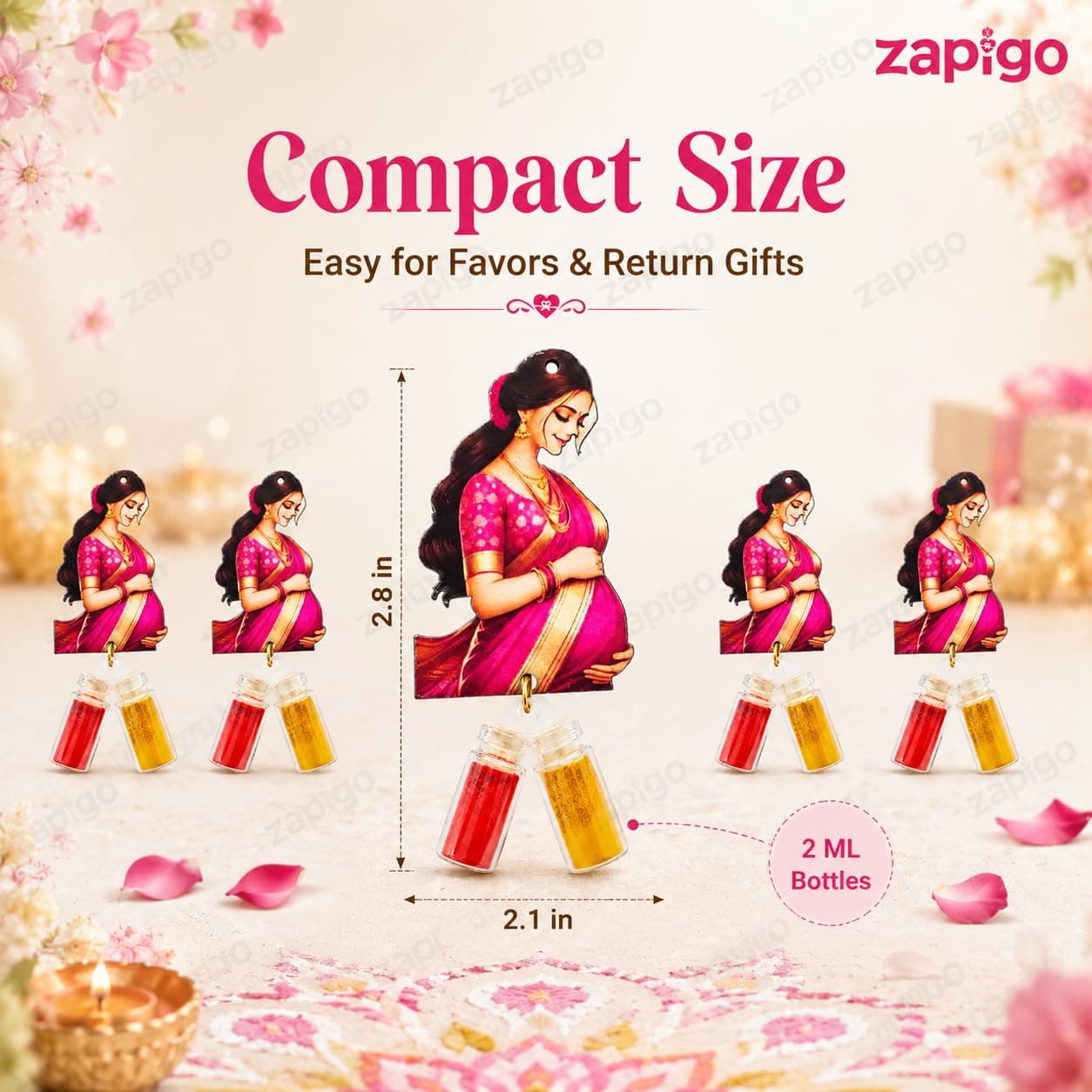 Habba Baby Shower Haldi Kumkum Set for Guests, Printed Cut-Out with Mini Dome Glass Bottles of Haldi & Kumkum, Traditional Seemantham, Godh Bharai, Valaikappu Return Gift, Pack of 5 thumbnail 3