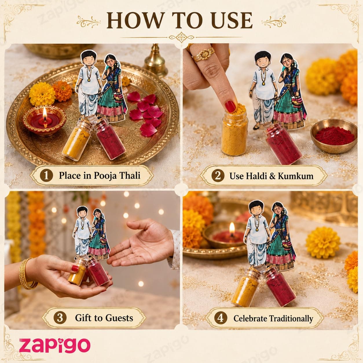 Habba Wedding Couple Haldi Kumkum Set for Guests, Printed Cut-Out with Mini Dome Glass Bottles of Haldi & Kumkum, Traditional Wedding Return Gift (Kalyanam / Vivah / Lagna), Pack of 10 thumbnail 6